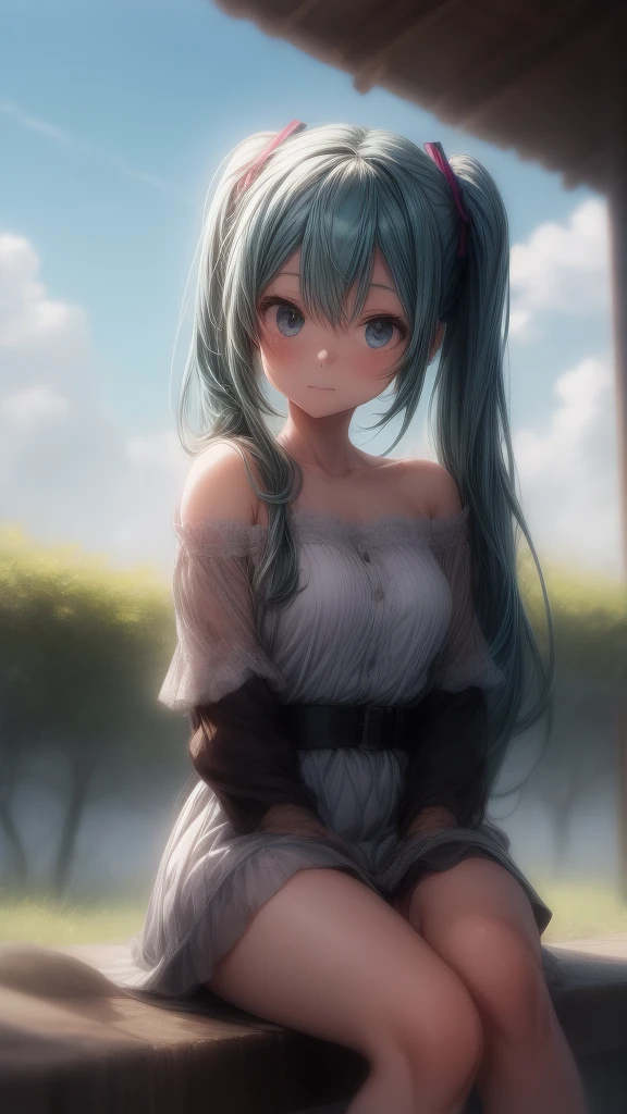 Hatsune Miku wearing a white one-piece dress with an off-the-shoulder look, sitting in nature with a blue sky in the background, in the style of Makoto Shinkai。