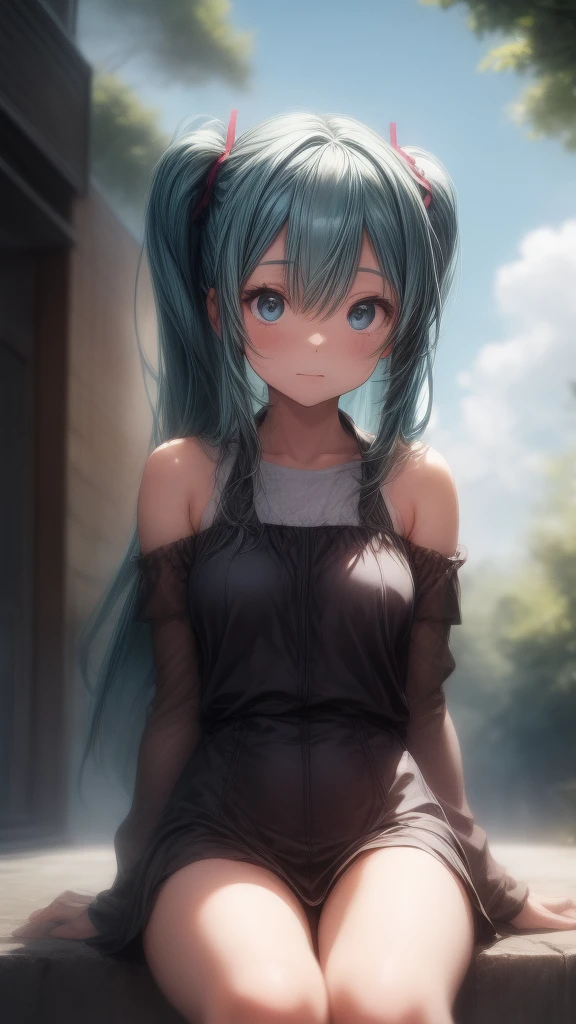 Hatsune Miku wearing a white one-piece dress with an off-the-shoulder look, sitting in nature with a blue sky in the background, in the style of Makoto Shinkai。