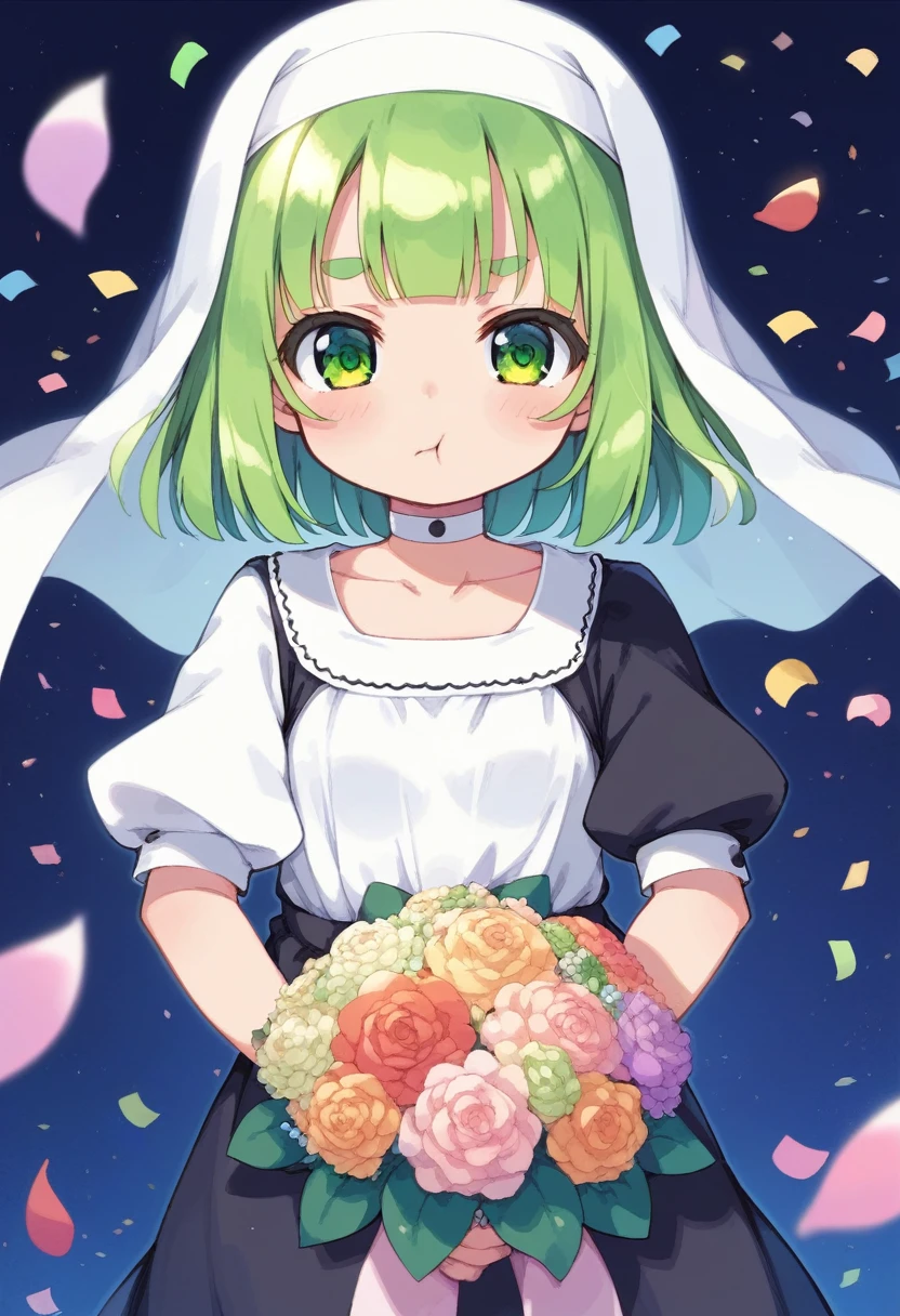 score_9, ,score_7_up, score_6_up, 1girl, source_cartoon, source_anime,breathtalking Scenery,watercolor,smooth soft skin, natural skin,mjm,Bfg
BREAK
(:1.4),(little female child:1.4), small breast,cute face, (lolidler:1.1), 6 yo,kawaii, (highlight on eyes), (jiggly:0.8), shiny skin,beautiful eyes, detailed eyes, puffy eyes,
BREAK
(medium green hair:1.3),(green maro eyebrows:1.6),pouty and slightly grumpy,(pout:1.2), ::(, (jitome),(frown:0.6),white streaked hair, green eyes,
BREAK
(zigzag pattern nun dress), (pastel veil:1.2),choker,nun,excessive detailed collarbone,
flowerbackground,flowergarden,flower bouquet, (digits behind bouquet:1.3), (hands behind bouquet:1.3),falling petals,
(holding bouquet:1.1), celebration, Congratulations,confetti, bloom effect,dynamicangle,pastelcolor,upturned eyes,
