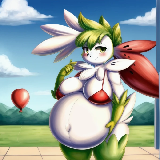 ((highest quality)), Perfect Face ((Shaymin:1.1)) ((Pokémon)) ((anthropomorphic)) (female) (((A big inflated belly))) (((Belly))) (deflated balloon) (standing) (big pair of breasts)