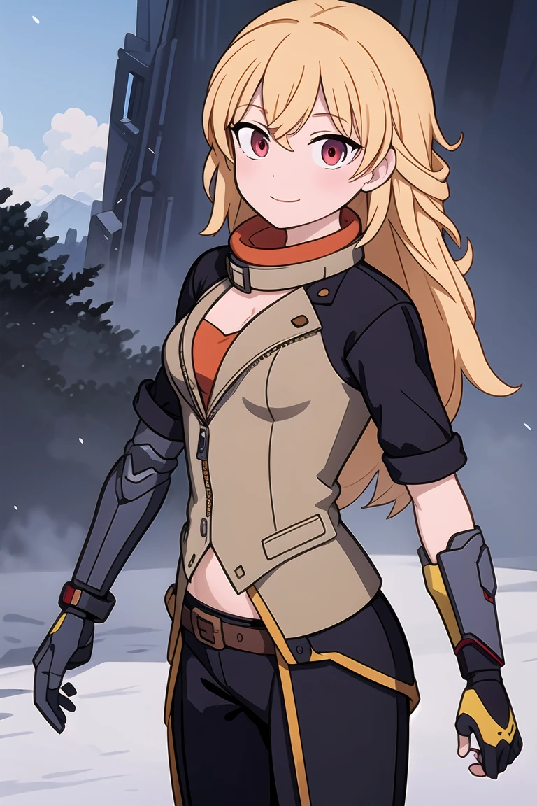 (masterpiece,best quality,ultra highres,ultra detail,novel illustration:1.4),1girl,cowboy shot,ard3nSW,nikkesw,Yang_RWBY,mechanical arm,single mechanical arm,prosthesis,white hair,red eyes,long hair,flat chest,smile