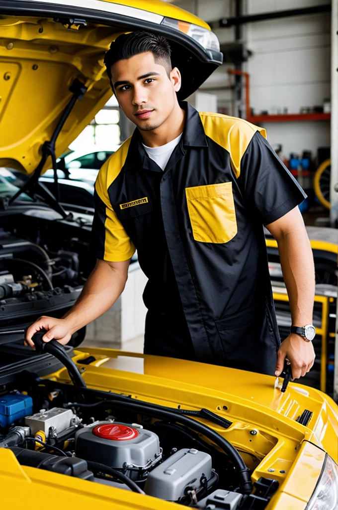 Automotive technician dressed in black and yellow worker's clothing industrial glasses full frontal shot sharpness white background