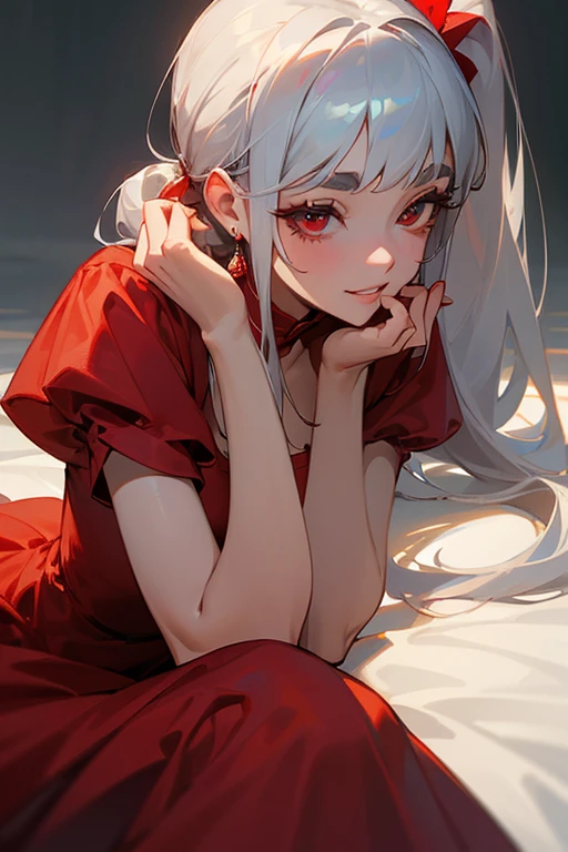 (Highest quality, masterpiece:1.2), (High resolution, 最高masterpiece).(difficult).Very detailed, Realistic:1.37, Fantasy, An illustration,Gray Hair、 Red eyes、Queen, White and blue dress、beautifully、Eyeshadow Red、Thick eyebrows、Long eyelashes、pupils are black、shiny on the lips、Top Sites、Queen、Princess、A kind smile、Show your teeth a little and smile、Soft impression、people々々々々Loved by、Slimming the face、Shoulder Bare、ponytail、Kissing Face、Long white hair、Shaggy Bangs、Save face image、((Red dress)).