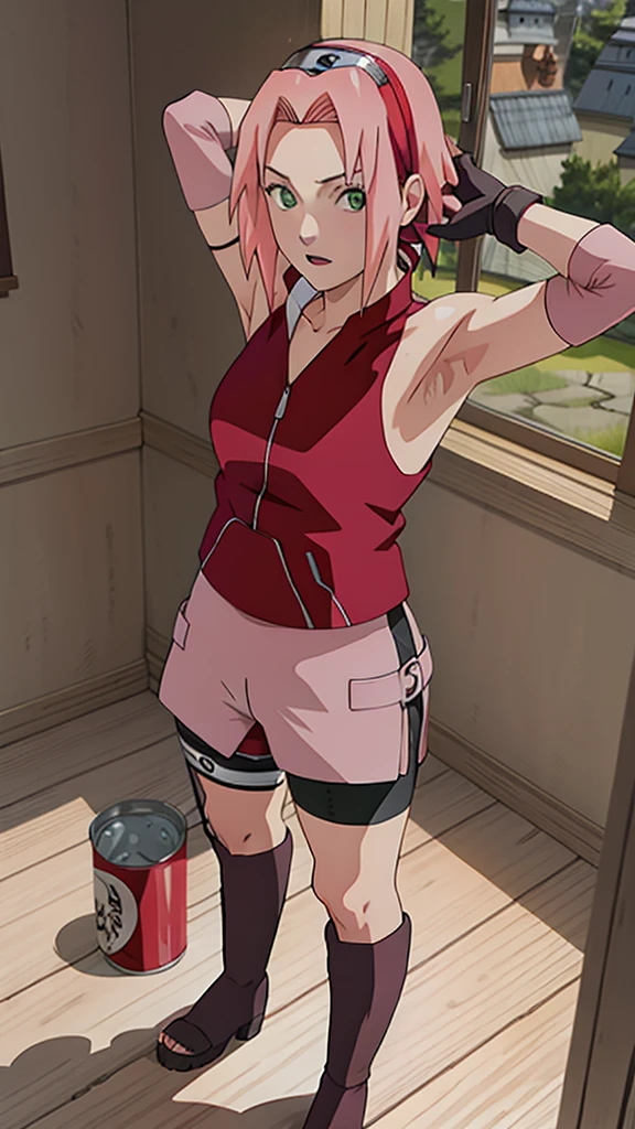 sakura shippuden, red jacket, bandaged leg, skirt, toeless footwear, black short, sleeveless, bangs, green eyes, small breasts, forehead protector, konohagakure symbol, black gloves, Perfect, masterpiece, (best quality, highres:1.2), 1girl, beautiful detailed eyes, beautiful detailed lips, extremely detailed eyes and face, long eyelashes, medium:oil painting, vivid colors, HDR, studio lighting, ultra-fine painting, sharp focus, physically-based rendering, extreme detail description, portraits, ((organized fingers)), curvy body, big breasts, perfect shape, facing viewer, sweaty, gorgeous, ((arms up)), straddling, smiling, armpit sex, penis under armpit, 1boy