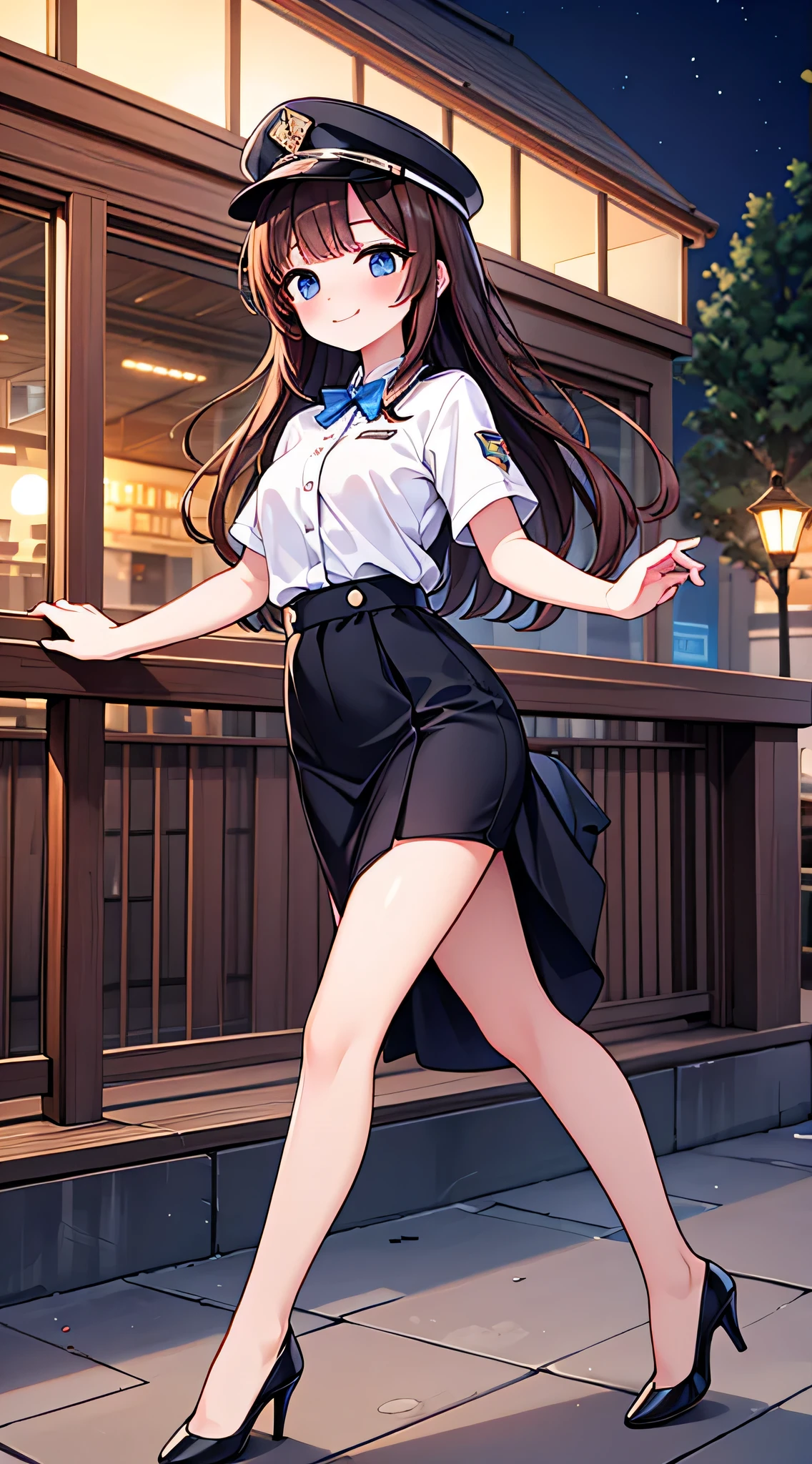 {Highest quality}, {Super beautiful},{Ultra fine},{Best illustration},Brown Hair,Hime cut,semi-long,Bangs,Standing Woman,Uniform cap,White Shirt,Short sleeve,Long black skirt,Night Park,Embarrassed,smilingly,Blushing,Slender women, A woman wearing plain black pumps,Bare feet and pumps,From an angle,From above