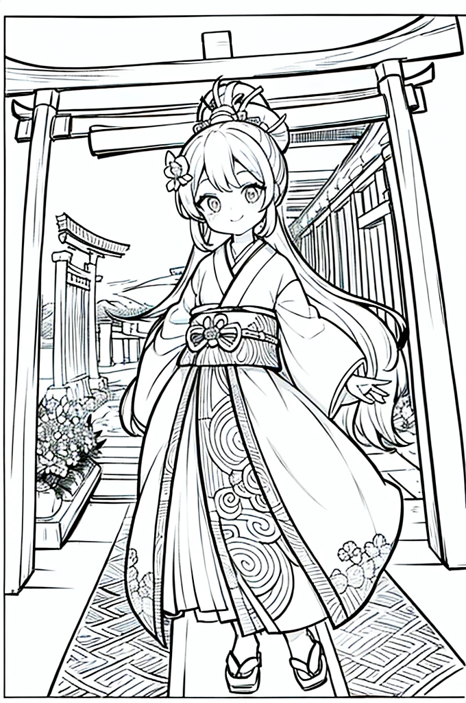 As a coloring book, the color should be black and white, the border should be simple, clear, and bold. A cheerful Asian girl with bright eyes and a mischievous smile is playfully posing in front of the iconic [Fushimi Inari-taisha Shrine] in Kyoto, Japan. She is dressed in a vibrant [kimono with fox pattern], the bold orange and white colors complementing the vermilion torii gates that line the path. The girl's hands are clasped in a playful gesture, and her hair is adorned with a traditional [kanzashi hair ornament].