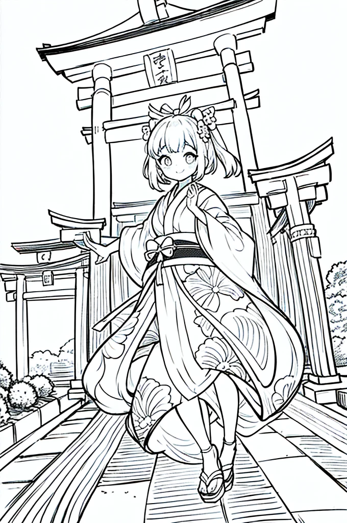 As a coloring book, the color should be black and white, the border should be simple, clear, and bold. A cheerful Asian girl with bright eyes and a mischievous smile is playfully posing in front of the iconic [Fushimi Inari-taisha Shrine] in Kyoto, Japan. She is dressed in a vibrant [kimono with fox pattern], the bold orange and white colors complementing the vermilion torii gates that line the path. The girl's hands are clasped in a playful gesture, and her hair is adorned with a traditional [kanzashi hair ornament].