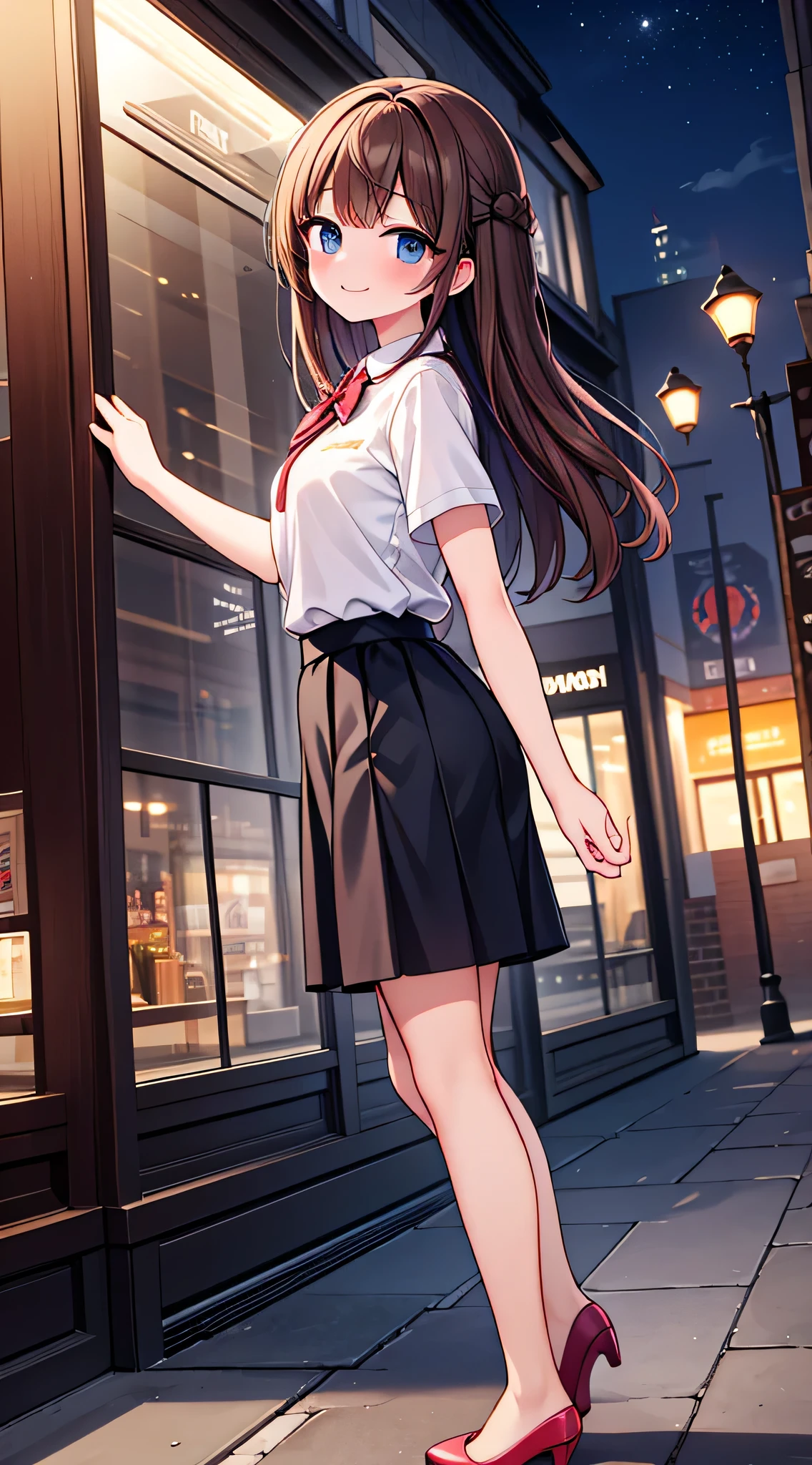 {Highest quality}, {Super beautiful},{Ultra fine},{Best illustration},Brown Hair,Hime cut,semi-long,Bangs,Standing Woman,Uniform cap,White Shirt,Short sleeve,Long black skirt,Night Park,Embarrassed,smilingly,Blushing,Slender women, A woman wearing plain black pumps,Bare feet and pumps,From an angle,From above