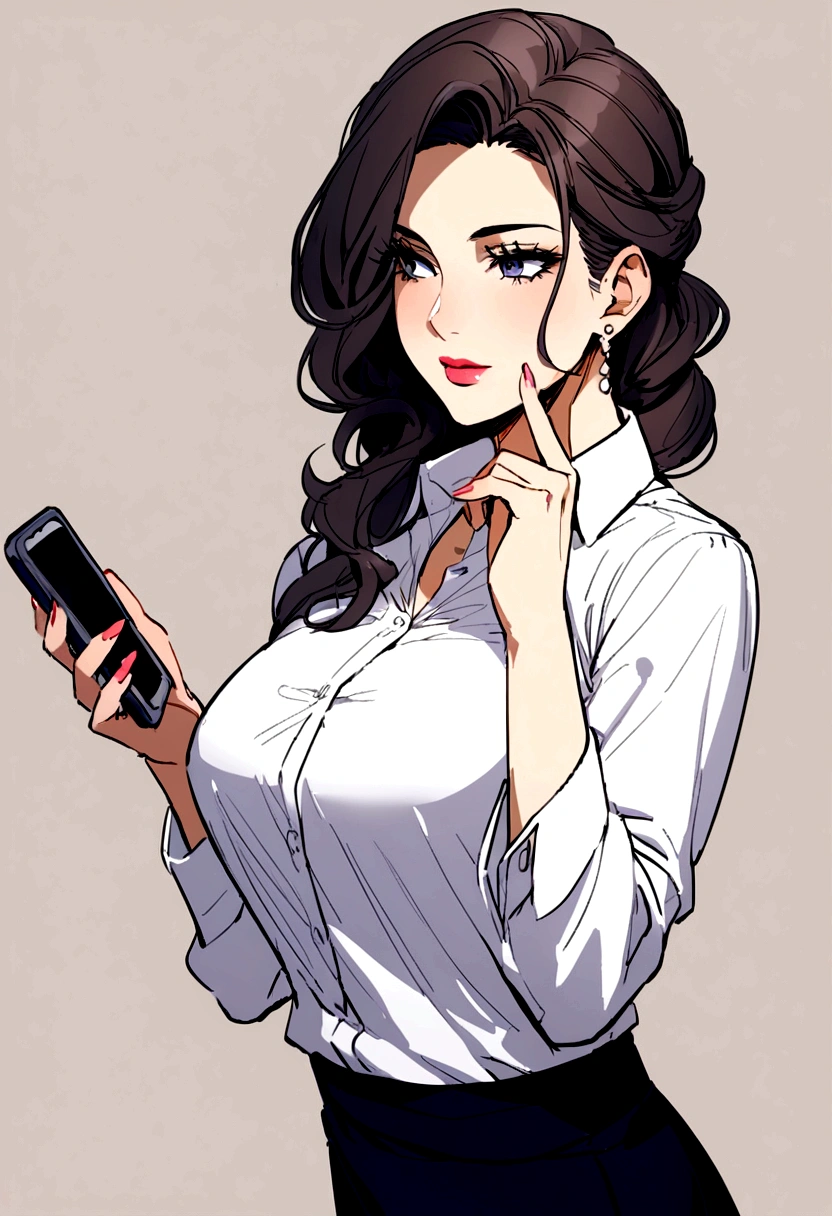 a pretty woman, more mature, wearing business clothes and answering a call on her cell phone