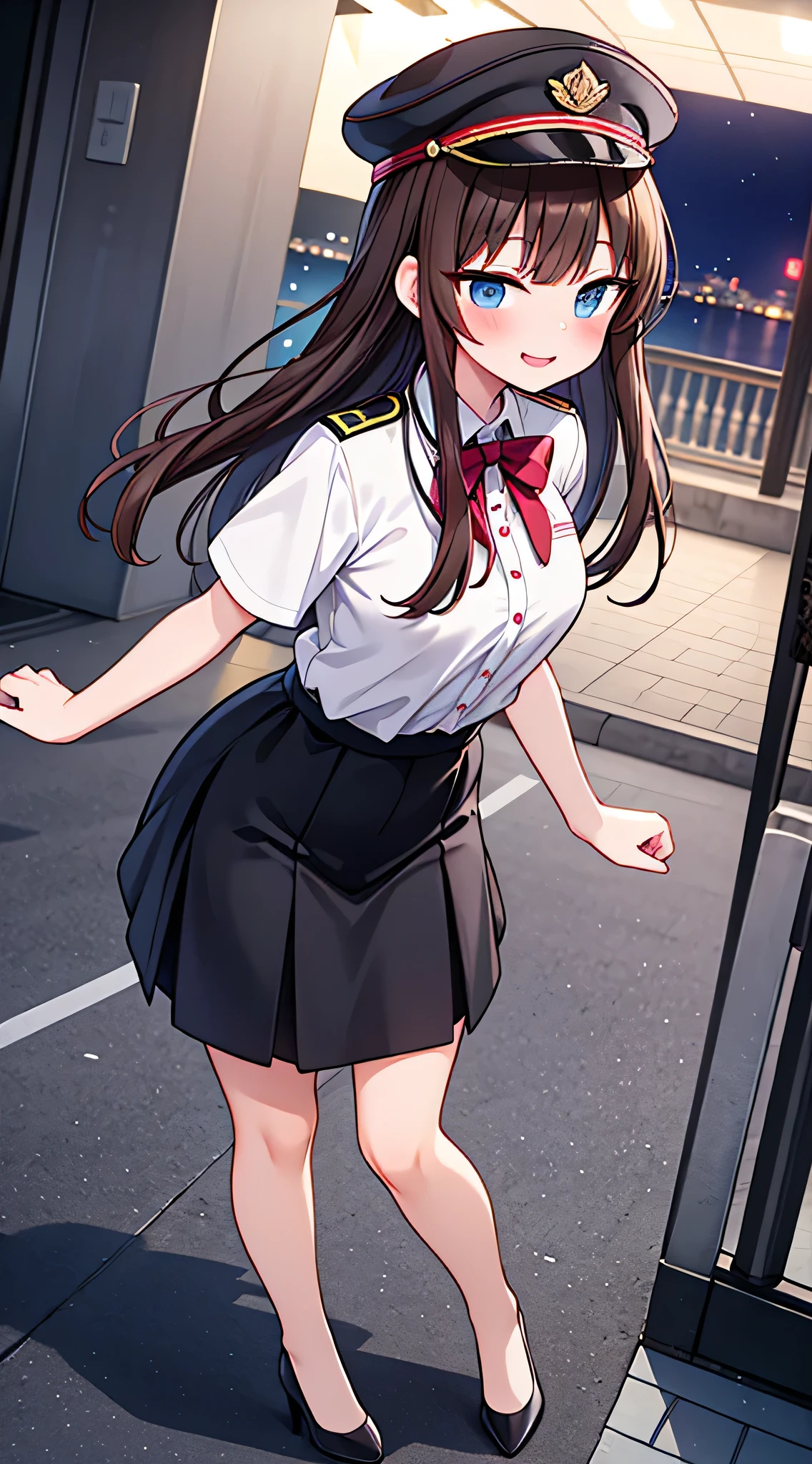 {Highest quality}, {Super beautiful},{Ultra fine},{Best illustration},Brown Hair,Hime cut,semi-long,Bangs,Standing Woman,Uniform cap,White Shirt,Short sleeve,Long black skirt,Night Park,Embarrassed,smilingly,Blushing,Slender women, A woman wearing plain black pumps,Bare feet and pumps,From an angle,From above