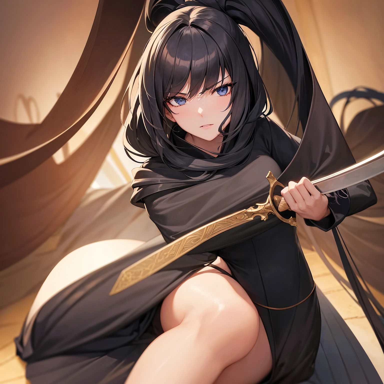 Close-up of a woman in a black dress holding a sword，Portraits by Jan J.，The popularity of CGSighbour，Fantasy art，Beautiful character drawings，Guviz style artwork，Gwitz，Black Hanfu，Flowing black robe，Full body martial artagnificent and elaborate character art，Amazing character art，beautiful female assassin，Are you okay，masterpiece，18+，please cover your chest，good looking，Full of details