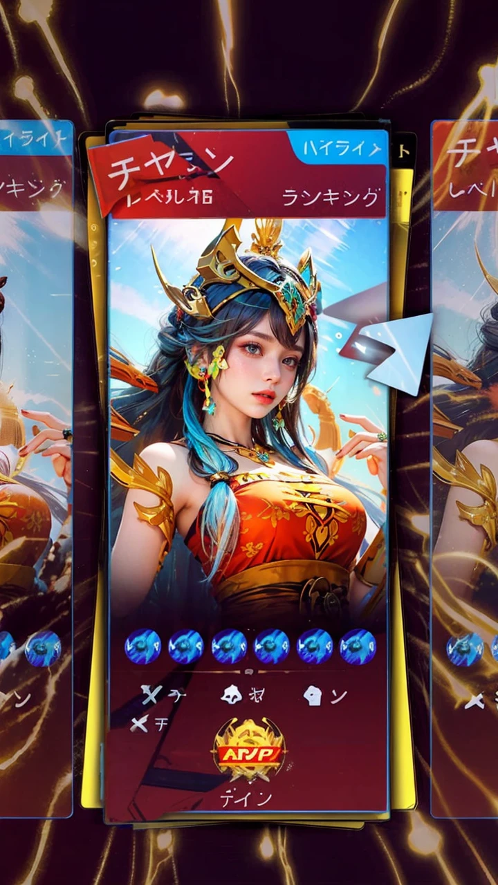 Reddish-brown hair,Long curly hair,high ponytail,red headdress,red eyes,red eye,red pupils,Delicate and detailed eyes,sparkling eyes,blur background