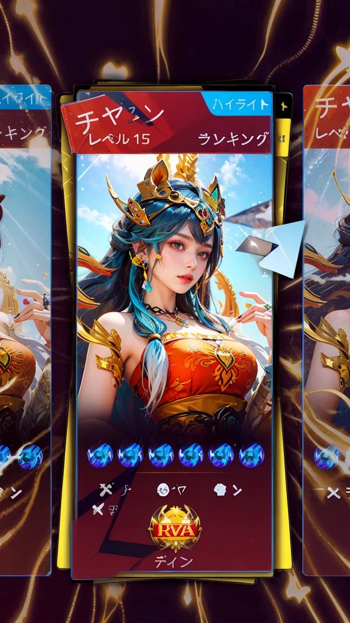 Reddish-brown hair，Long curly hair，high ponytail，red headdress，red eyes，red eye，red pupils，Delicate and detailed eyes，sparkling eyes，blur background