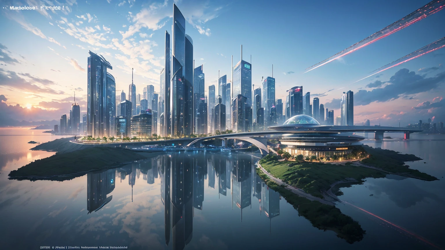 (Best quality,4K,8K,A high resolution,Masterpiece:1.2),Ultra-detailed,(Realistic,Photorealistic,photo-realistic:1.37),Futuristic floating city,Futuristic technology,Huge urban high-tech tablet platform,Airship,Floating in the sky,Futuristic city,Small airships around,High-tech hemispherical platform,Colorful lights,Advanced architecture,modernn architecture,skyscrapper,Access the cloud,Scenic beauty,view over city,Impressive design,Blend seamlessly with nature,energetic and vibrant atmosphere,Futuristic transportation system,Parking is suspended,Transparent path,Lush greenery,Sky gardens,cascading waterfalls,Magnificent skyline,reflections on the water,Sparkling river,Architectural innovation,futuristic skyscrapers,Transparent dome,The shape of the building is unusual,Elevated walkway,Impressive skyline,Glowing lights,Futuristic technology,Minimalist design,Scenic spots,Panoramic view,Cloud Piercing Tower,Vibrant colors,epic sunrise,epic sunset,Dazzling light display,magical ambiance,The future city,Urban Utopia,LuxuryLifestyle,Innovative energy,sustainable development,Smart city technology,Advanced infrastructure,Tranquil atmosphere,Nature and technology live in harmony,Awesome cityscape,Unprecedented urban planning,Architecture connects seamlessly with nature,High-tech metropolis,A cutting-edge engineering marvel,The future of urban living,Visionary architectural concept,Energy-efficient buildings,Harmony with the environment,A city floating above the clouds,Utopian dreams become reality,The possibilities are endless,State-of-the-art transportation network,Green energy integration,Innovative materials,Impressive holographic display,Advanced communication system,Breathtaking aerial view,Quiet and peaceful environment,Modernist aesthetics,Ethereal beauty