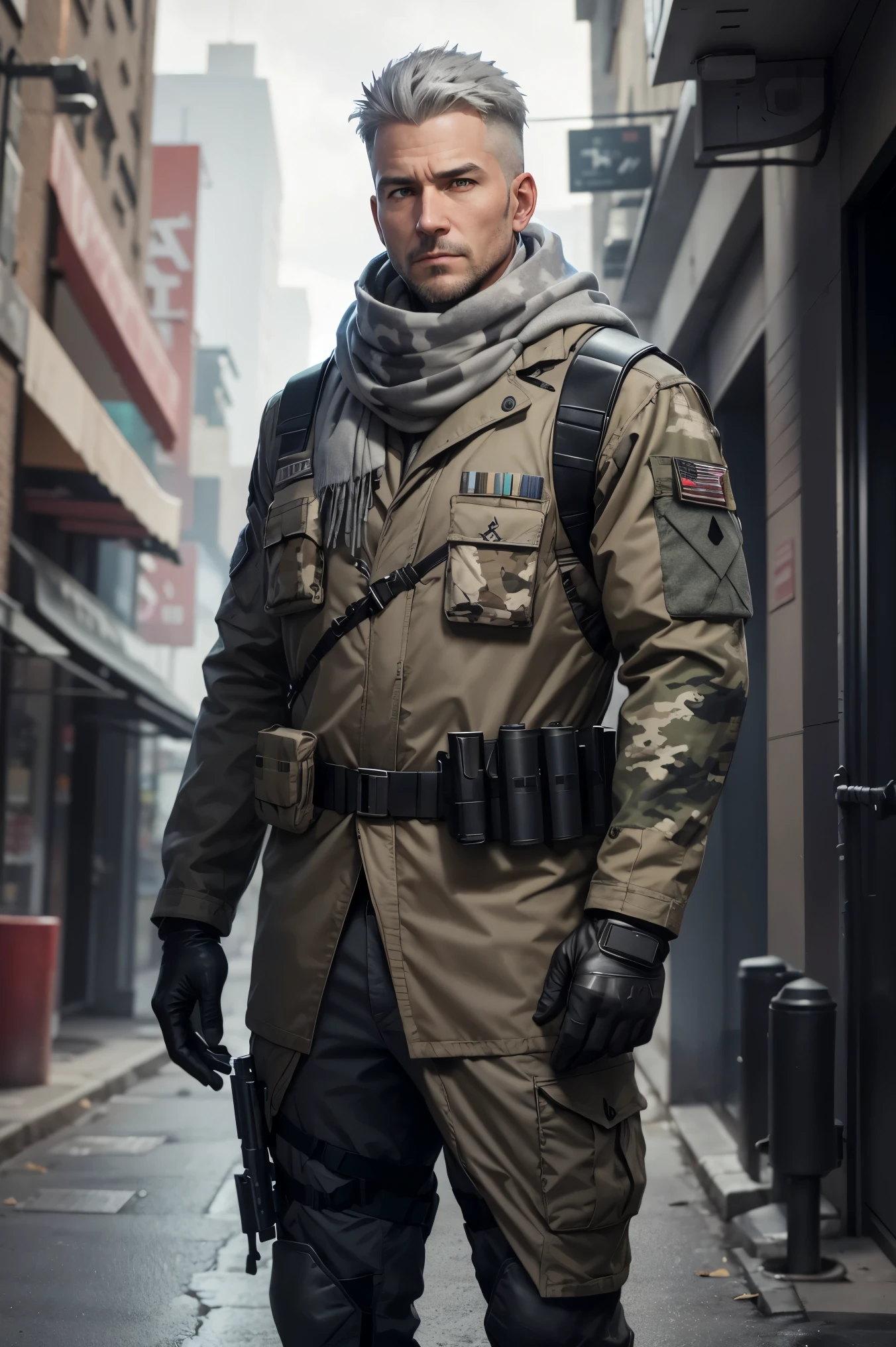 1 man, 35-year old, character of the game Cal of Duty Modern Warfire, wearing light grey jacket, (camouflage white scarf), armored vest, black half-gloves, gray hair, sneaky, unshaved, (free hands:1,2), (full length:1.3), warzone