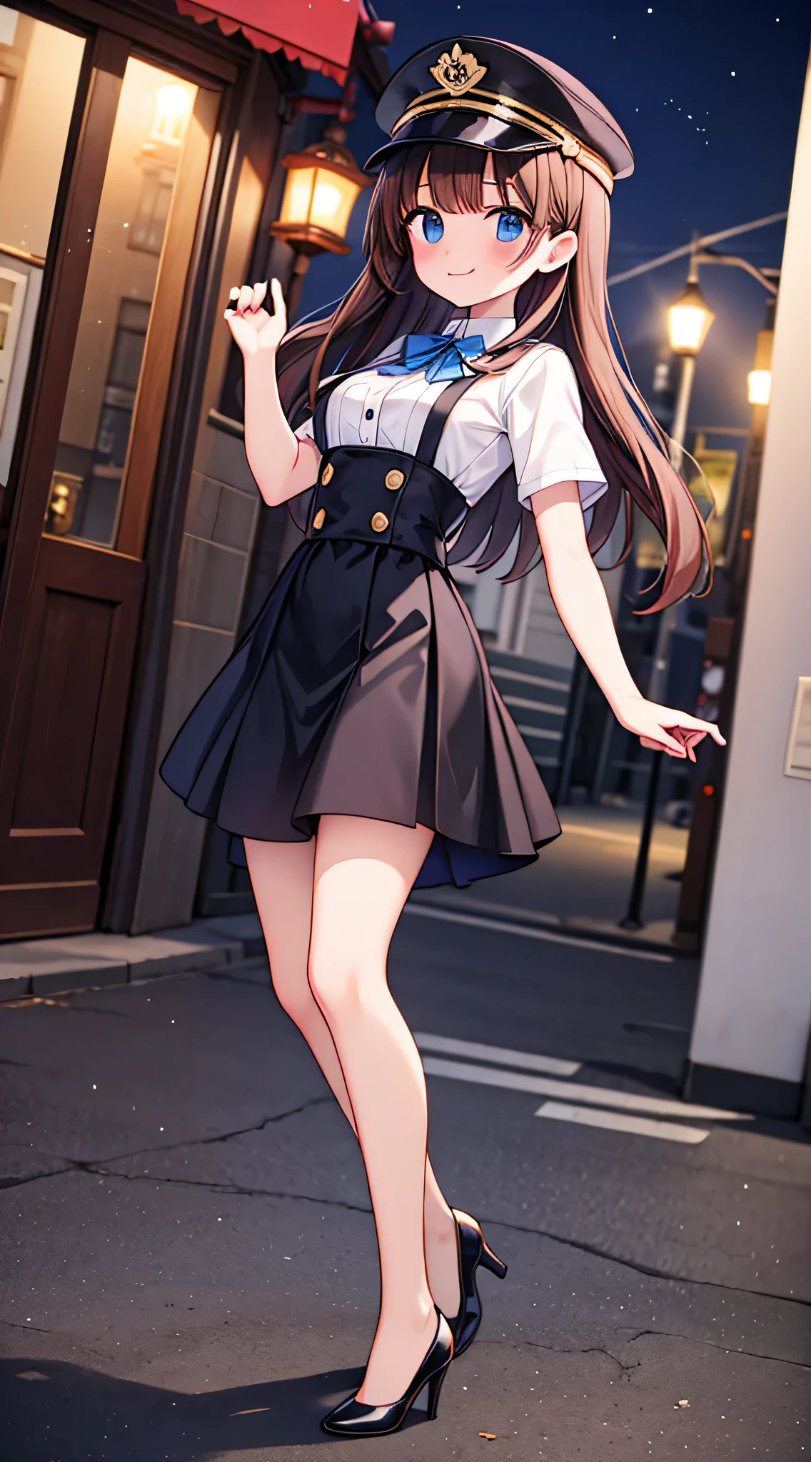 {Highest quality}, {Super beautiful},{Ultra fine},{Best illustration},Brown Hair,Hime cut,semi-long,Bangs,Standing Woman,Uniform cap,White Shirt,Short sleeve,Long black skirt,Night Park,Embarrassed,smilingly,Blushing,Slender women, A woman wearing plain black pumps,Bare feet and pumps,From an angle,From above