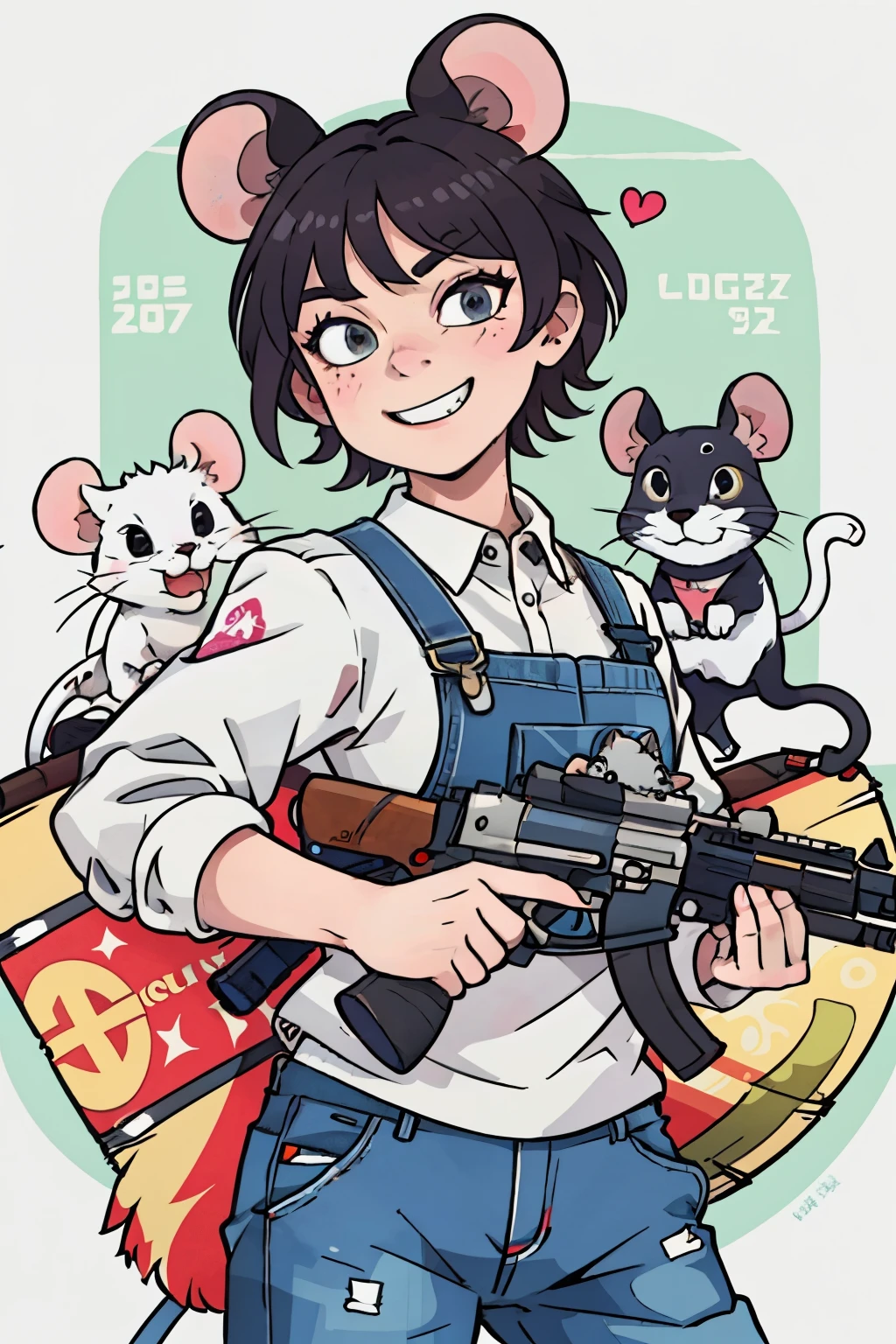 In this high-definition illustration, a mouse, showcasing an unusual yet humorous scene, is depicted laughing heartily while holding a tiny replica of a gun in its tiny paw. The mouse's exaggerated laughter and mischievous grin add to the whimsical tone of the artwork. The details of the mouse's expressive face are meticulously rendered, with vivid colors and sharp focus highlighting the laughter lines around its eyes. The gun, though miniature, is also rendered with intricate detail, including the engraved patterns on its barrel. The overall style of the illustration is reminiscent of the iconic "Grand Theft Auto" (GTA) cover art,