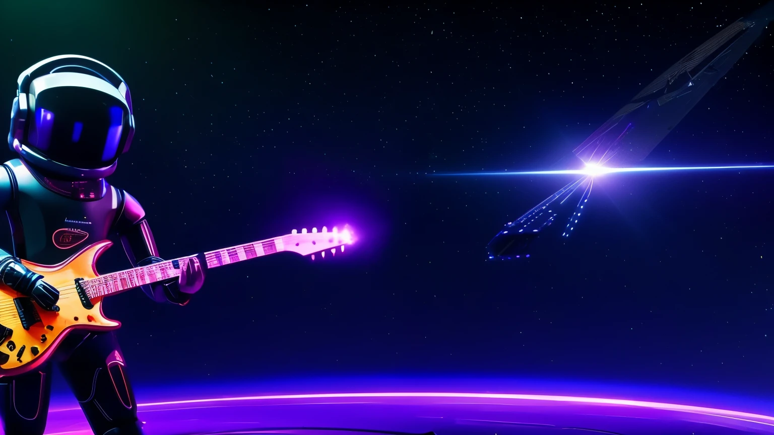 Create in 8k, uhd, A SYBER ROBOT PLAYING ELETRIC GUITAR ON A STAGE , SIMULATING OUTER SPACE,