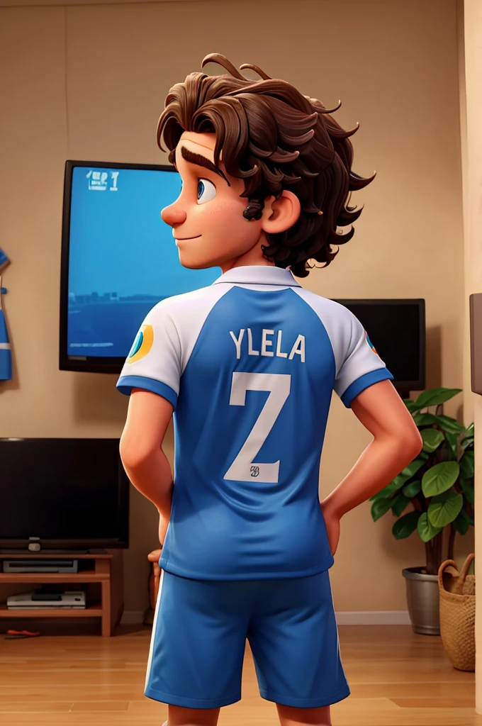 22-year-old man with wavy hair wearing the Colombia national team shirt and on the back it says Sneider and he is watching the soccer game on a television