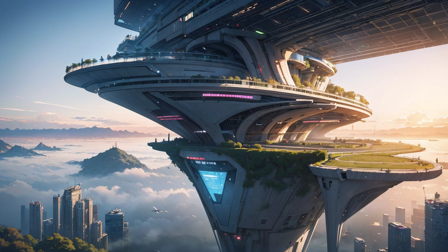 (Best quality,4K,8K,A high resolution,Masterpiece:1.2),Ultra-detailed,(Realistic,Photorealistic,photo-realistic:1.37),Futuristic floating city,Futuristic technology,Huge urban high-tech tablet platform,Airship,Floating in the sky,Futuristic city,Small airships around,High-tech hemispherical platform,Colorful lights,Advanced architecture,modernn architecture,skyscrapper,Access the cloud,Scenic beauty,view over city,Impressive design,Blend seamlessly with nature,energetic and vibrant atmosphere,Futuristic transportation system,Parking is suspended,Transparent path,Lush greenery,Sky gardens,cascading waterfalls,Magnificent skyline,reflections on the water,Sparkling river,Architectural innovation,futuristic skyscrapers,Transparent dome,The shape of the building is unusual,Elevated walkway,Impressive skyline,Glowing lights,Futuristic technology,Minimalist design,Scenic spots,Panoramic view,Cloud Piercing Tower,Vibrant colors,epic sunrise,epic sunset,Dazzling light display,magical ambiance,The future city,Urban Utopia,LuxuryLifestyle,Innovative energy,sustainable development,Smart city technology,Advanced infrastructure,Tranquil atmosphere,Nature and technology live in harmony,Awesome cityscape,Unprecedented urban planning,Architecture connects seamlessly with nature,High-tech metropolis,A cutting-edge engineering marvel,The future of urban living,Visionary architectural concept,Energy-efficient buildings,Harmony with the environment,A city floating above the clouds,Utopian dreams become reality,The possibilities are endless,State-of-the-art transportation network,Green energy integration,Innovative materials,Impressive holographic display,Advanced communication system,Breathtaking aerial view,Quiet and peaceful environment,Modernist aesthetics,Ethereal beauty