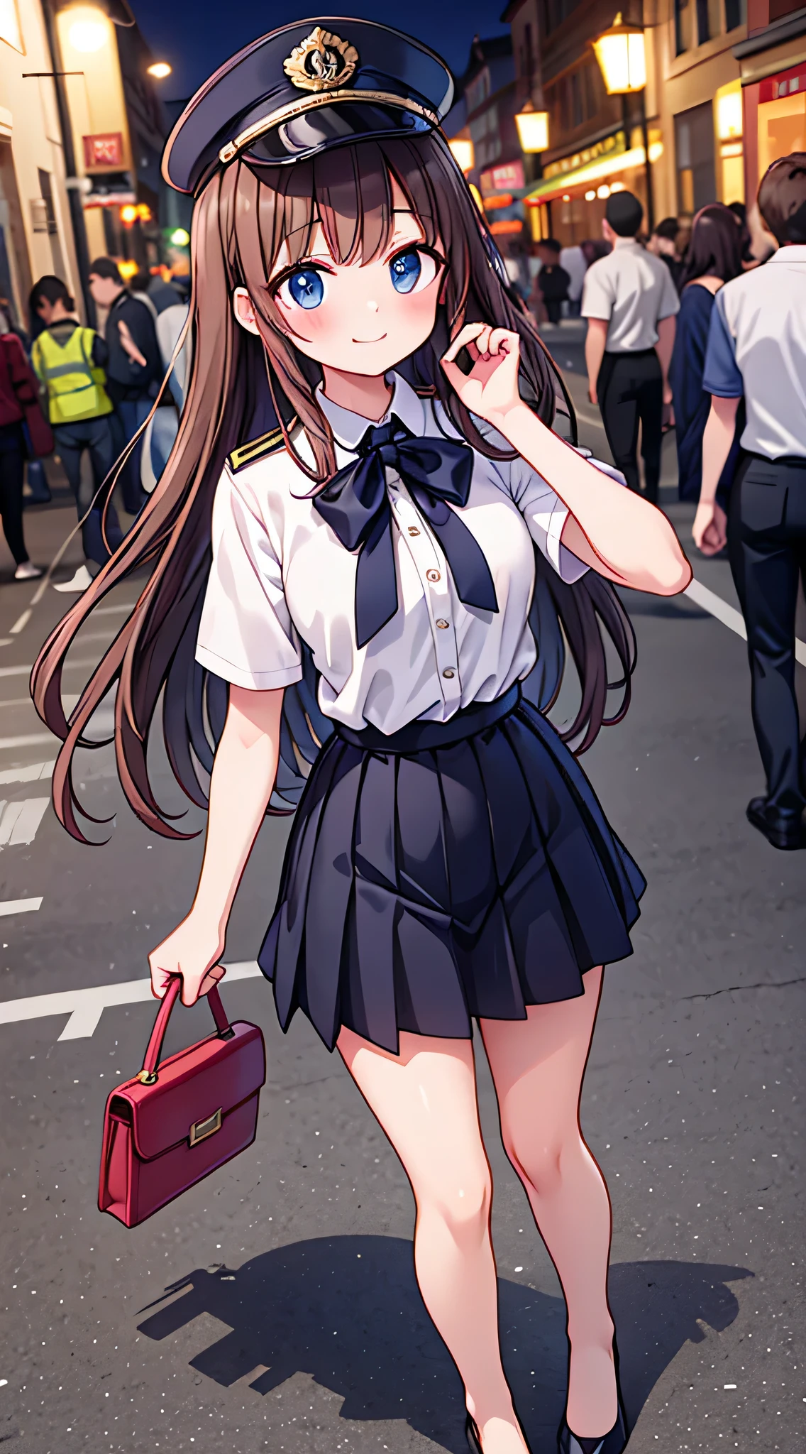 {Highest quality}, {Super beautiful},{Ultra fine},{Best illustration},Brown Hair,Hime cut,semi-long,Bangs,Standing Woman,Uniform cap,White Shirt,Short sleeve,Long black skirt,Night Park,Embarrassed,smilingly,Blushing,Slender women, A woman wearing plain black pumps,Bare feet and pumps,From an angle,From above