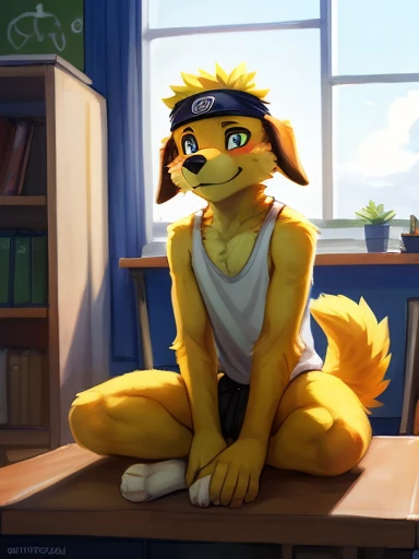 ((yellow dog Naruto headband, Naruto yellow dog, Naruto as a yellow dog anthropomorphic inside of a school classroom sitting in a desk ,))), looking a t viewer, big chest, day,, sensual, detailed, uploaded to e621, beautiful and detailed p ortrait of an anthropomorphic, (((male))) u ploaded to e 621, zaush, foxovh, movie ligh ting, thicc, al one, detailed, 8k res, hires, de tailed eyes, g ood anatomy, good perspecti ve, towards vi ewer, bebebebebe, by sic klyhypnos, by gerkk, by orf, nice hands, per fect hands, ha ppy, romantic, ray tracing hting, rtx on, B Bebebebebe, by SpiritD, by KOBITOWANI, best quality, masterpiece, p erfect anatomy, detailed picture)),