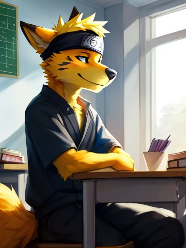 ((yellow dog Naruto headband, Naruto yellow dog, Naruto as a yellow dog anthropomorphic inside of a school classroom sitting in a desk ,))), looking a t viewer, big chest, day,, sensual, detailed, uploaded to e621, beautiful and detailed p ortrait of an anthropomorphic, (((male))) u ploaded to e 621, zaush, foxovh, movie ligh ting, thicc, al one, detailed, 8k res, hires, de tailed eyes, g ood anatomy, good perspecti ve, towards vi ewer, bebebebebe, by sic klyhypnos, by gerkk, by orf, nice hands, per fect hands, ha ppy, romantic, ray tracing hting, rtx on, B Bebebebebe, by SpiritD, by KOBITOWANI, best quality, masterpiece, p erfect anatomy, detailed picture)),