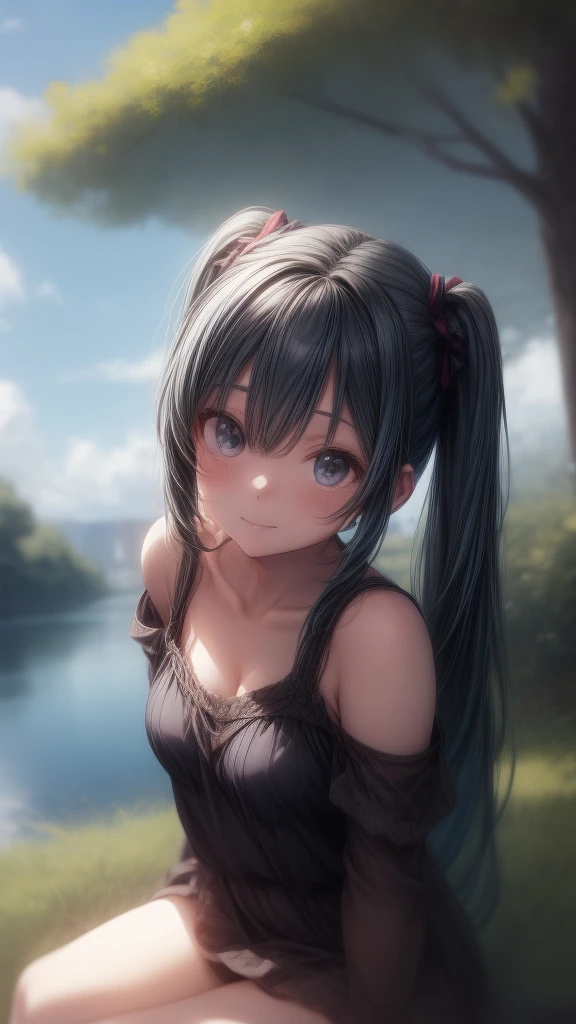Hatsune Miku wearing a white one-piece dress with an off-the-shoulder look, sitting in nature with a blue sky in the background, in the style of Makoto Shinkai。