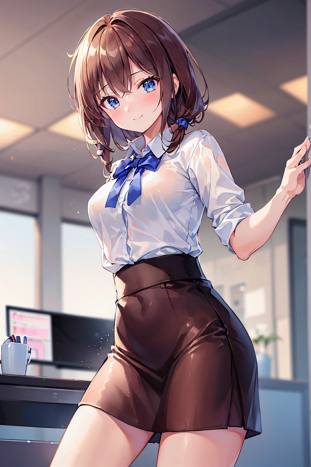 ((masterpiece, Highest)), (One girl), (Mature Woman), Brown Hair, Tight Skirt，White shirt, sprawled out, (office lady), bangs, Small breasts, slim, smile, [Wide Hips], office, Are standing, got it  (Blue File), 8K quality, Sexy seduction，((Highest品質)), (Very detailed), (High-definition CG synthesis 8K wallpaper), 高いly detailed, 高い-definition raw color photos, Professional photography, (((Bokeh))), Written boundary depth,Beautiful legs，sassy，辣腕のofficeレディ