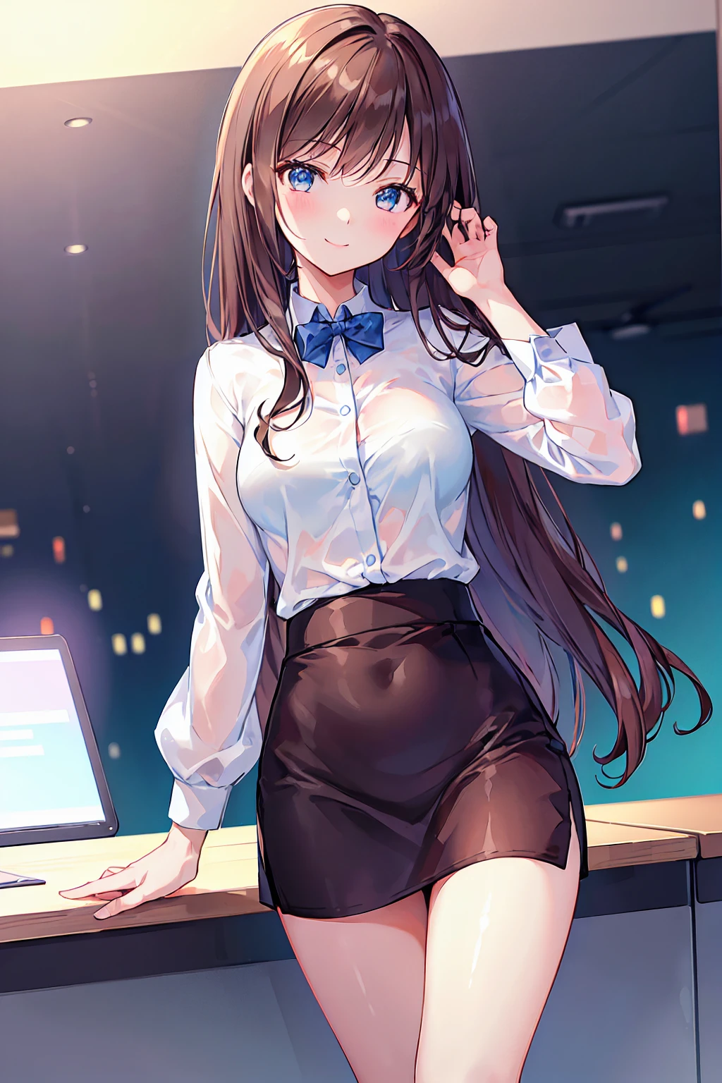 ((masterpiece, Highest)), (One girl), (Mature Woman), Brown Hair, Tight Skirt，White shirt, sprawled out, (office lady), bangs, Small breasts, slim, smile, [Wide Hips], office, Are standing, got it  (Blue File), 8K quality, Sexy seduction，((Highest品質)), (Very detailed), (High-definition CG synthesis 8K wallpaper), 高いly detailed, 高い-definition raw color photos, Professional photography, (((Bokeh))), Written boundary depth,Beautiful legs，sassy，辣腕のofficeレディ