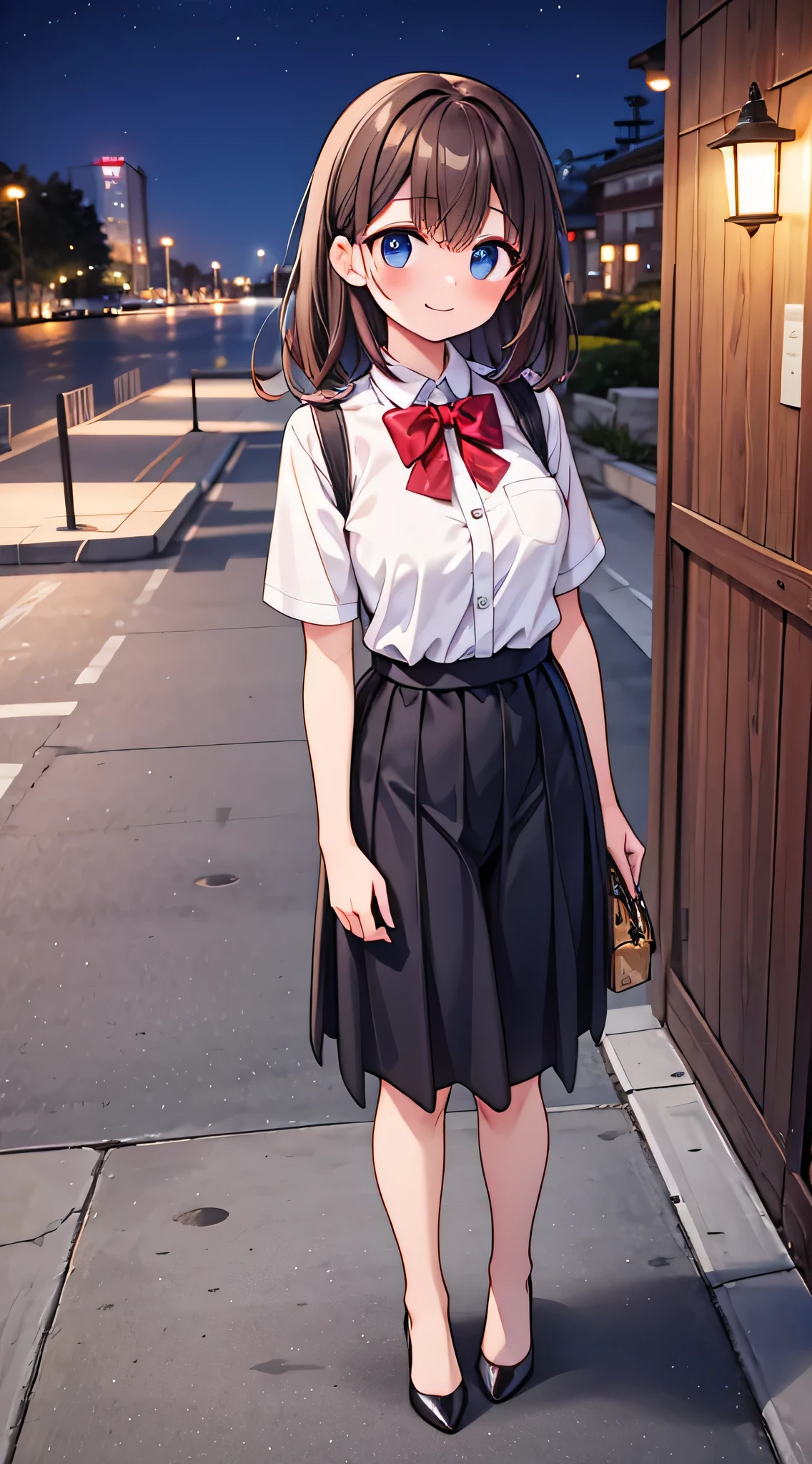 {Highest quality}, {Super beautiful},{Ultra fine},{Best illustration},Brown Hair,Hime cut,semi-long,Bangs,Standing Woman,Uniform cap,White Shirt,Short sleeve,Long black skirt,Night Park,Embarrassed,smilingly,Blushing,Slender women, A woman wearing plain black pumps,Bare feet and pumps,From an angle,From above