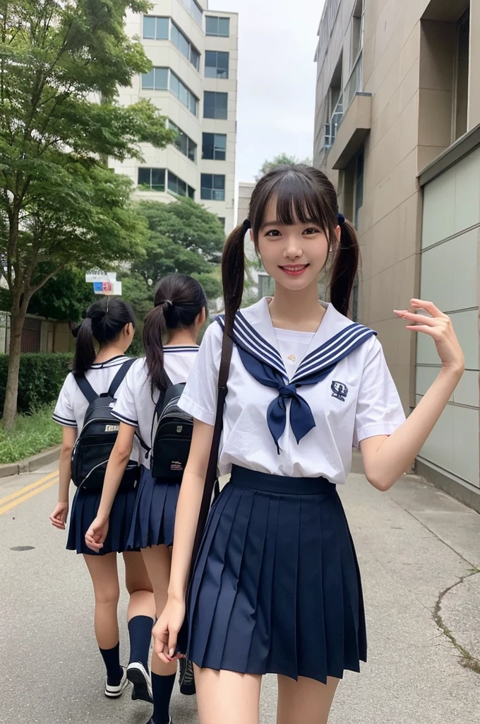 {2 | 3} girls walking in school street,sailor shirt,navy blue pleated skirt,school bag,18-year-old,bangs,a little smile,thighs,knees,short hair with low pigtails bunches,from below,front light