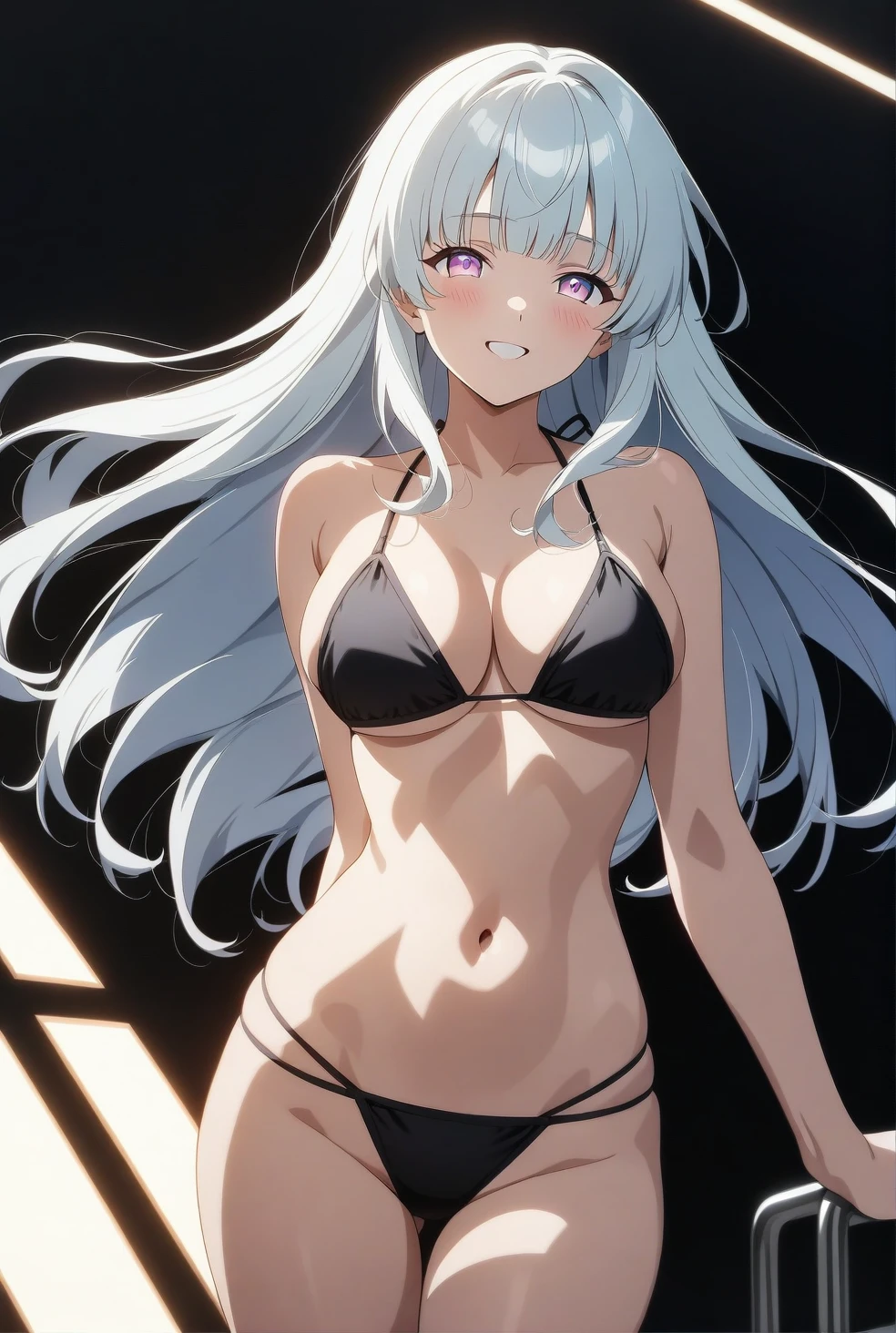 best quality, amazing quality, very aesthetic, absurdres, (1girl, noa, blue archive, solo, purpel eyes), (realistic face:0.9),(string bikini:1.8), (grin, blush, thigh:1.3), (cowboy shot), (glowing eyes), (half closed eyes:0.9), (ass), (official art:1.3), (pool), expressive eyes, perfect face, extremely detailed eyes, perfect anatomy, smooth skin, (black background:1.5), clear eyes, beautiful face, big breasts, (anime style:1.7), (Warm Light:1.5), (highres:2), (Chiaroscuro),
