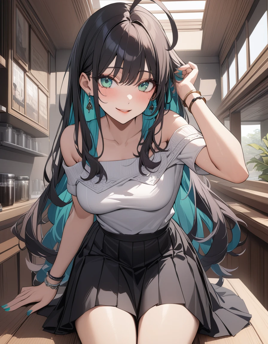 (Highest quality:1.2, three-dimensional, High Detail, masterpiece:1.2, Best aesthetics), (1 girl), Beautiful woman, Beautiful detailed eyes, Beautiful detailed lips, Highly detailed face, Delicate depiction of hair and eyes, Detailed Fashion, (detailed background:1.2) ((Portraiture, Cowboy Shot)), Aqua Eye, huge ahoge, Mouth open, Earrings, View your viewers, breasts, upper body, full body from knees to head, gaze away, gaze into the distance, smile lightly, fancy nails, in Sibuya city, in the cafe, bracelet, long hair, color inner hair, dark hair, white off-shoulder knit, black pleated skirt, standing