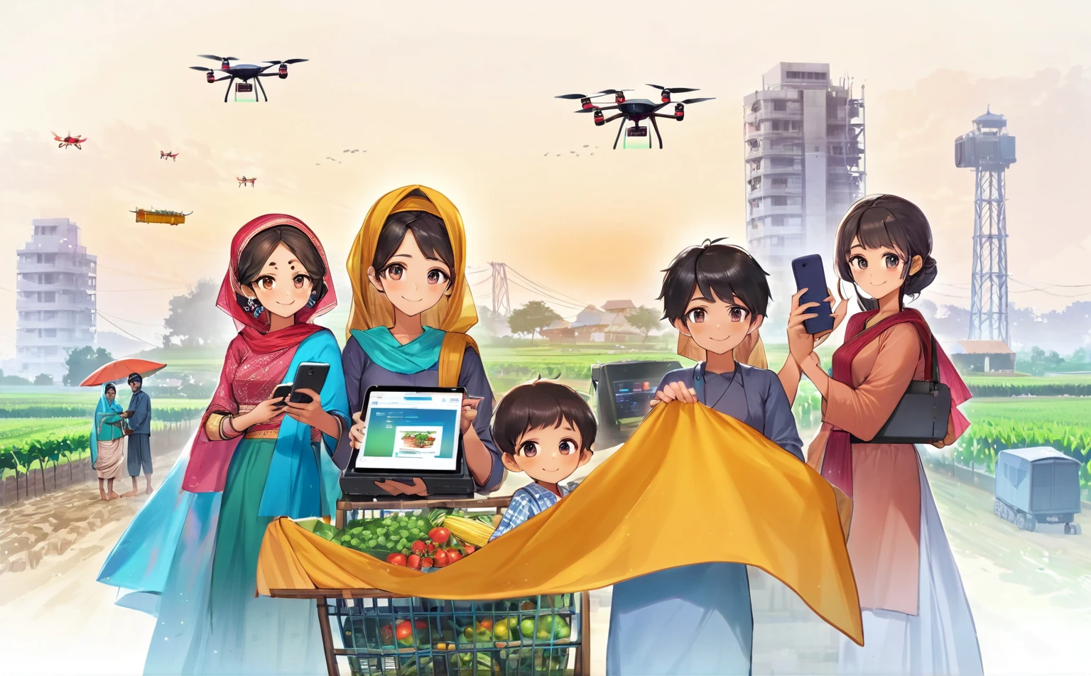 ((Bangladesh)), people of Bangladesh, Smart Village: Bridging Tradition and Technology Connected Community: Villagers embracing the internet and computers, enhancing their daily lives and work. Modern Farming: Farmers utilizing smartphones for better crop management and market access. Tech-Enabled Families: Happy families benefiting from improved communication and education through technology. Innovative Infrastructure: Mobile towers ensuring seamless connectivity, with drones and robots supporting agricultural