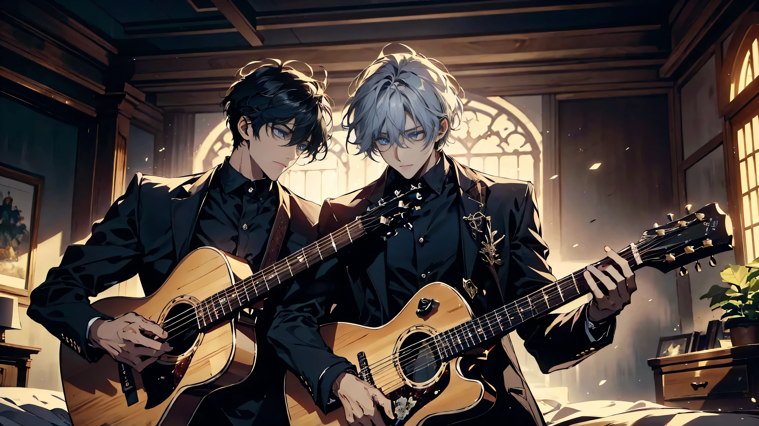 "best quality , High quality , The best details ,Portrait of two passionate guitar brothers, in the bedroom,A place where sunlight shines through , Create a play of light and shadow.. Guitarist holding a wooden guitar, inside the room, striking black shirt. Mesmerizing performance moments, Musicians immerse themselves in music.,beautiful sky,a young man,short black hairstyle, blue eyes, handsome,elder brother,Wear a wedding ring on the finger,มีmanอีกคน,younger brother,man(The second one.)white hair, blue eyes"