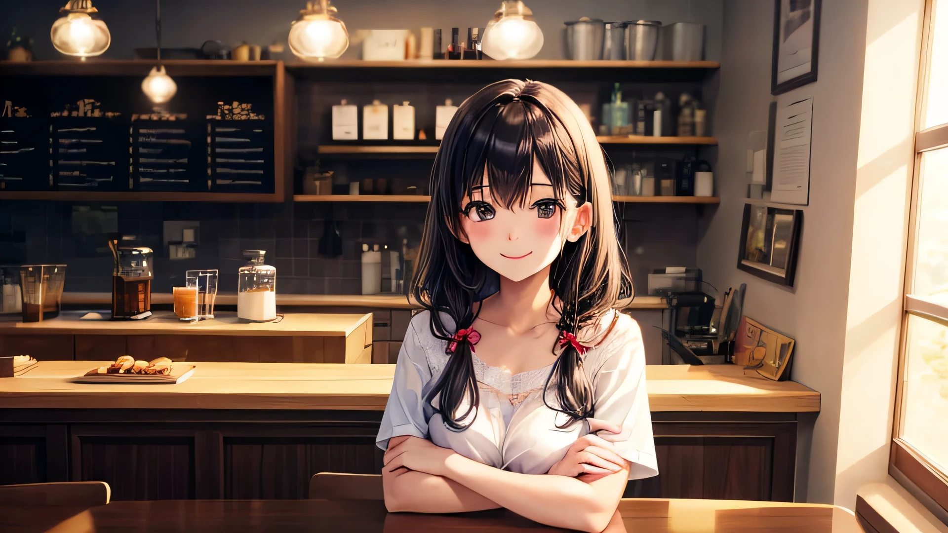 Original photo, Highest quality), 1 Girl, Shiba Miyuki, Natural light, Upper Body, Cafe, smile, Sathosh Khan&#39;s art style