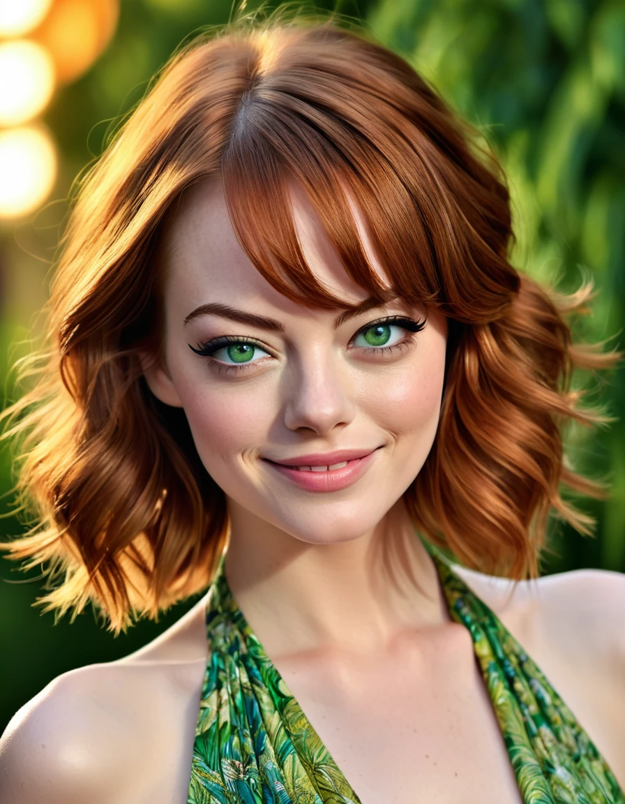 portrait of stunning emma stone, green eyes, nice smile, intense gaze, elegant, dynamic pose, highly detailed, hyper realistic, uhd, photo, sharp focus, post processing, digital printed fabric, aesthetic on beauty of female, fashion trendy, dslr, High resolution for website, incredibly detailed, hyper-realistic, Cinematic light, Complex, HDR, 32k