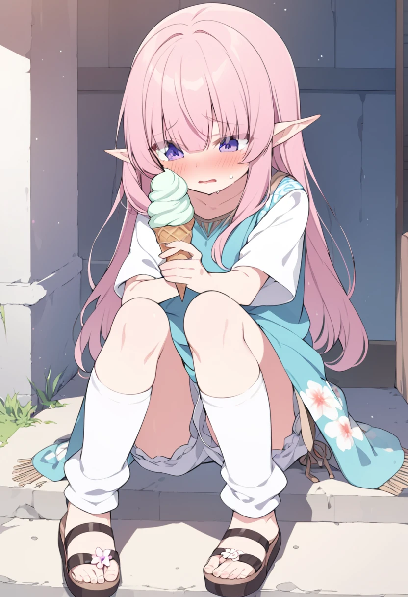 BREAK Perfect Anatomy、(High resolution:1.2)、Incredible illustrations、(Cute illustrations:1.2)、
(Beautiful background(deep in the forest))
1 girl((multicolored pink hair hair,(bangs over eyes), embarrassed)1girl((a girl,elf 1.5meters, 25kg,18 years old female,
((tunic,poncho,(loose pants,bloomers),thigh-high socks, sandals), (eat soft serve ice cream)