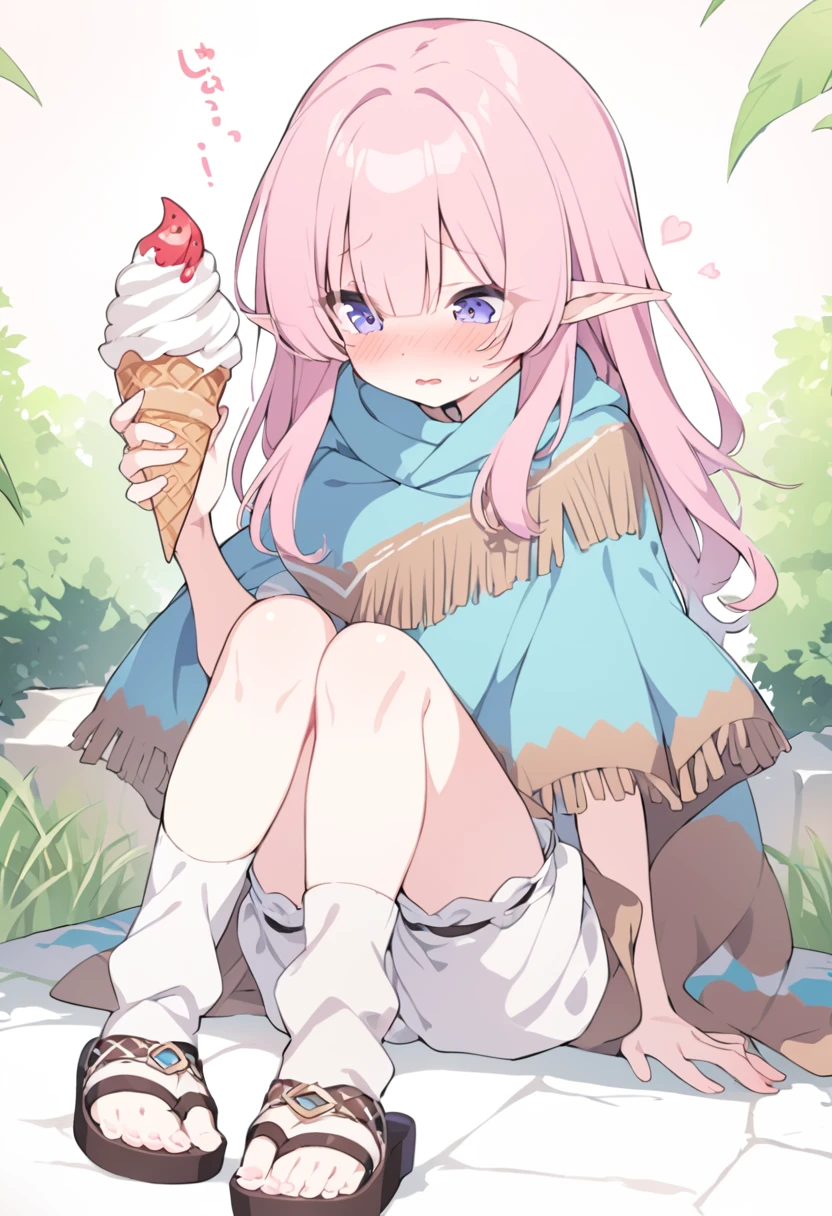 BREAK Perfect Anatomy、(High resolution:1.2)、Incredible illustrations、(Cute illustrations:1.2)、
(Beautiful background(deep in the forest))
1 girl((multicolored pink hair hair,(bangs over eyes), embarrassed)1girl((a girl,elf 1.5meters, 25kg,18 years old female,
((tunic,poncho,(loose pants,bloomers),thigh-high socks, sandals), (eat soft serve ice cream)