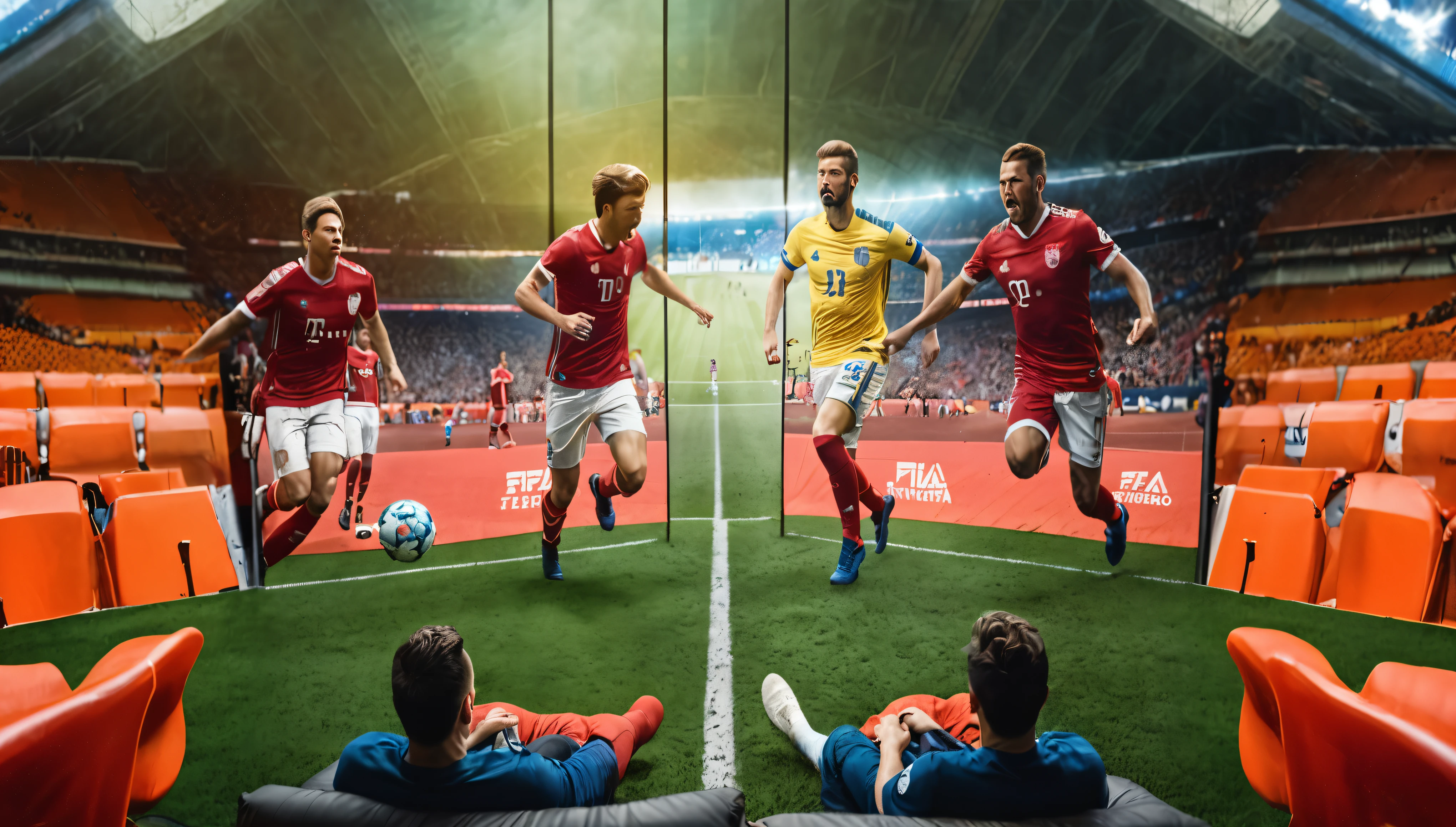 there are many people playing soccer in a stadium with a large screen, cover shot, best on adobe stock, in style of kyrill kotashev, by Christen Dalsgaard, split screen, intense atmosphere, super high resolution, title, sweden, by Jakob Gauermann, opening shot, switch, true realistic image, hyperrealistic 8k uhd