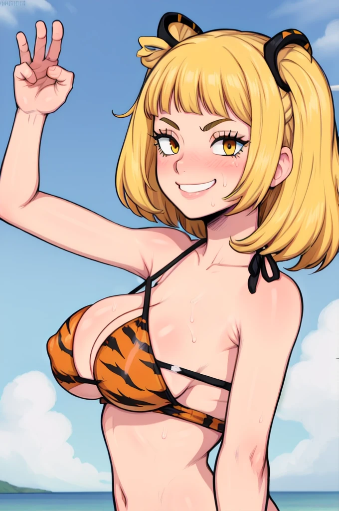 masterpiece, best quality, saeko tanaka, looking at viewer, yellow hair, yellow eyes color, large breasts, upper body, portrait, seductive smile,both hands raised, armpits, armpits visible, sweaty armpits, wearing sexy bikini, tiger print, background on beach