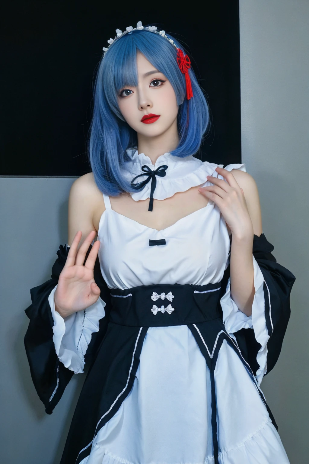best quality, tmasterpiece,Ultra-high resolution,Clear face,（Reality：1.4），ferpect lighting，(upper body:1.3), (photorealistic:1.50), anime wallpaper, Guviz style artwork, cover-up fantasy up to magic , by Yang J, Guviz, beautiful artwork illustration, beautiful digital artwork, beautiful digital illustration, Li Song, beautiful anime portrait, art style in Beauvot, black nightgown, see-through, yinziping,1girl, 独奏, (blue hair:1.5), short hair, hair ornament, hair ribbon, anklet, dress, black hair, standing, (Chinese dress:1.3), black dress, Hanfu,
