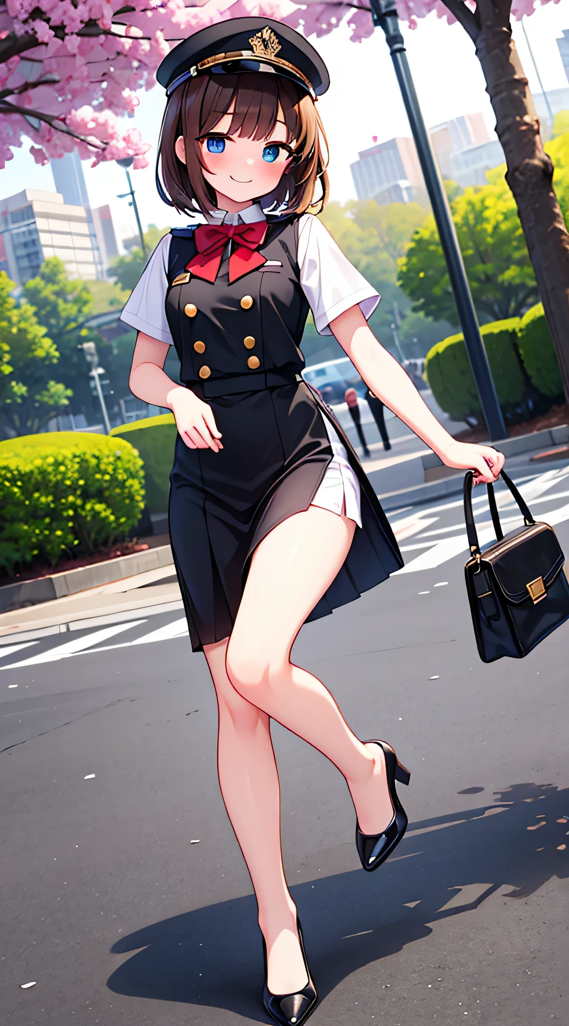{Highest quality}, {Super beautiful},{Ultra fine},{Best illustration},Brown Hair,Hime cut,semi-long,Bangs,Standing Woman,Uniform cap,White Shirt,Short sleeve,Long black skirt,Night Park,Embarrassed,smilingly,Blushing,Slender women, A woman wearing plain black pumps,Bare feet and pumps,From an angle,From above