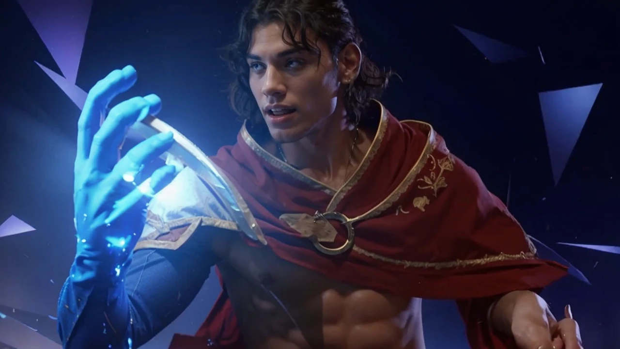 The picture is of a muscular young man with black curly hair, and has a very nice face and teeth, and has black eyes, and is wearing red clothes and holding a weapon.
