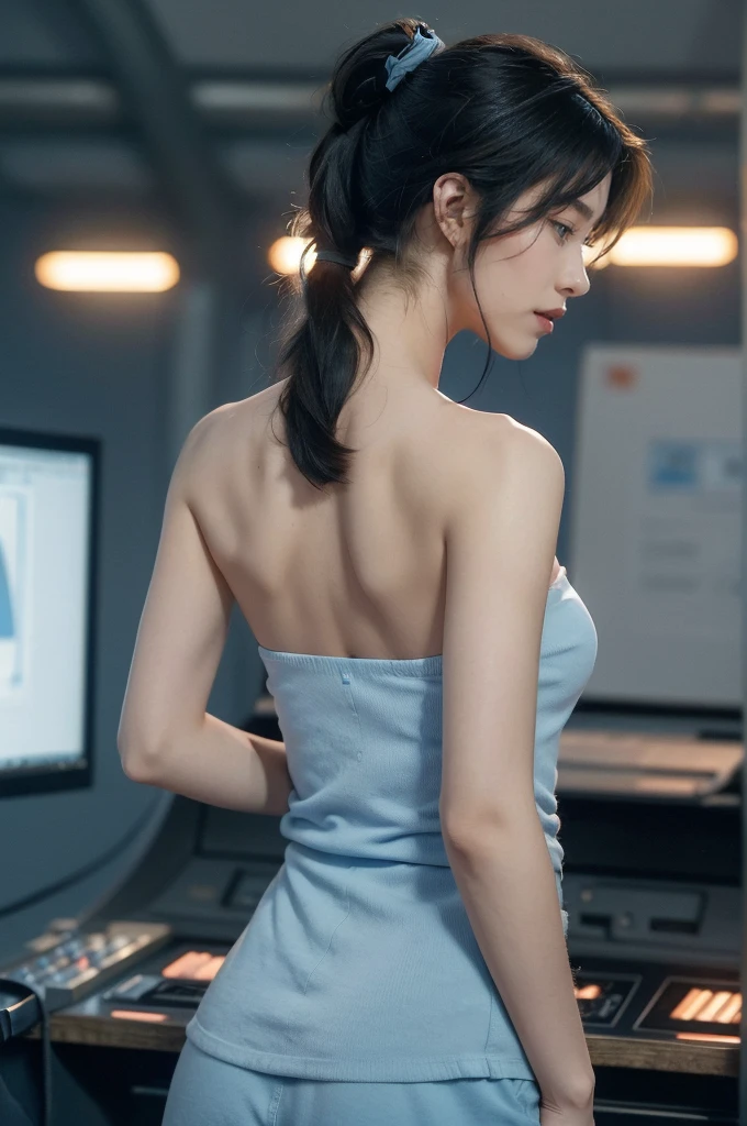 (((best quality))),(((ultra detailed))),(((masterpiece))),illustration,((1girl, female, Air Force commander,solo)),(short ponytail:1.2),((slim,thin)),((shoulder off,strapless,bare back,towering hips,butt crack)),poised, confidence, authority,(light blue collared short-sleeved shirt:1.3),(dark blue pleated skirt:1.2), (slender legs:1.2),piercing eyes, control panel, military airport, soldiers, duties, fighter jets, clear sky, engine roar, excitement, energy, control room, monitors, switches, mosaic colors, expertise, pilots, headset, calm voice, strong presence, attention, respect, leadership, dedication, courage, bravery, women in military, inner strength, resilience, inspiration,((from back,upper body))