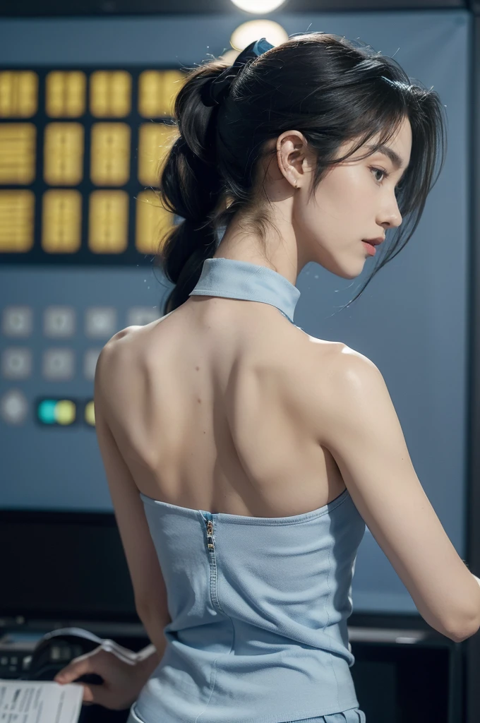 (((best quality))),(((ultra detailed))),(((masterpiece))),illustration,((1girl, female, Air Force commander,solo)),(short ponytail:1.2),((slim,thin)),((shoulder off,strapless,bare back,towering hips,butt crack)),poised, confidence, authority,(light blue shirt:1.3),(dark blue shorts:1.2), (slender legs:1.2),piercing eyes, control panel, military airport, soldiers, duties, fighter jets, clear sky, engine roar, excitement, energy, control room, monitors, switches, mosaic colors, expertise, pilots, headset, calm voice, strong presence, attention, respect, leadership, dedication, courage, bravery, women in military, inner strength, resilience, inspiration,((from back,upper body))
