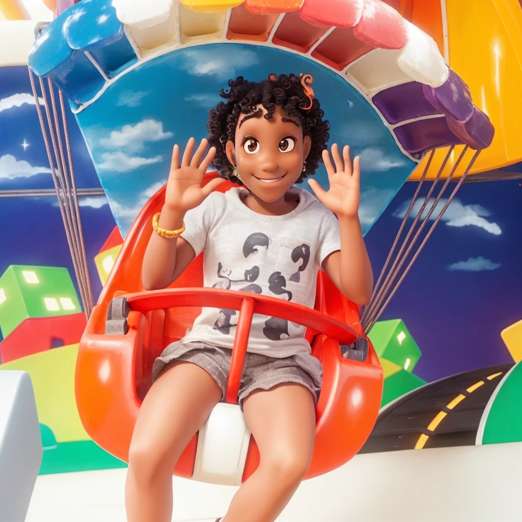 a black  smiling and waving, dark skin and curly hair on a colorful ferris wheel
