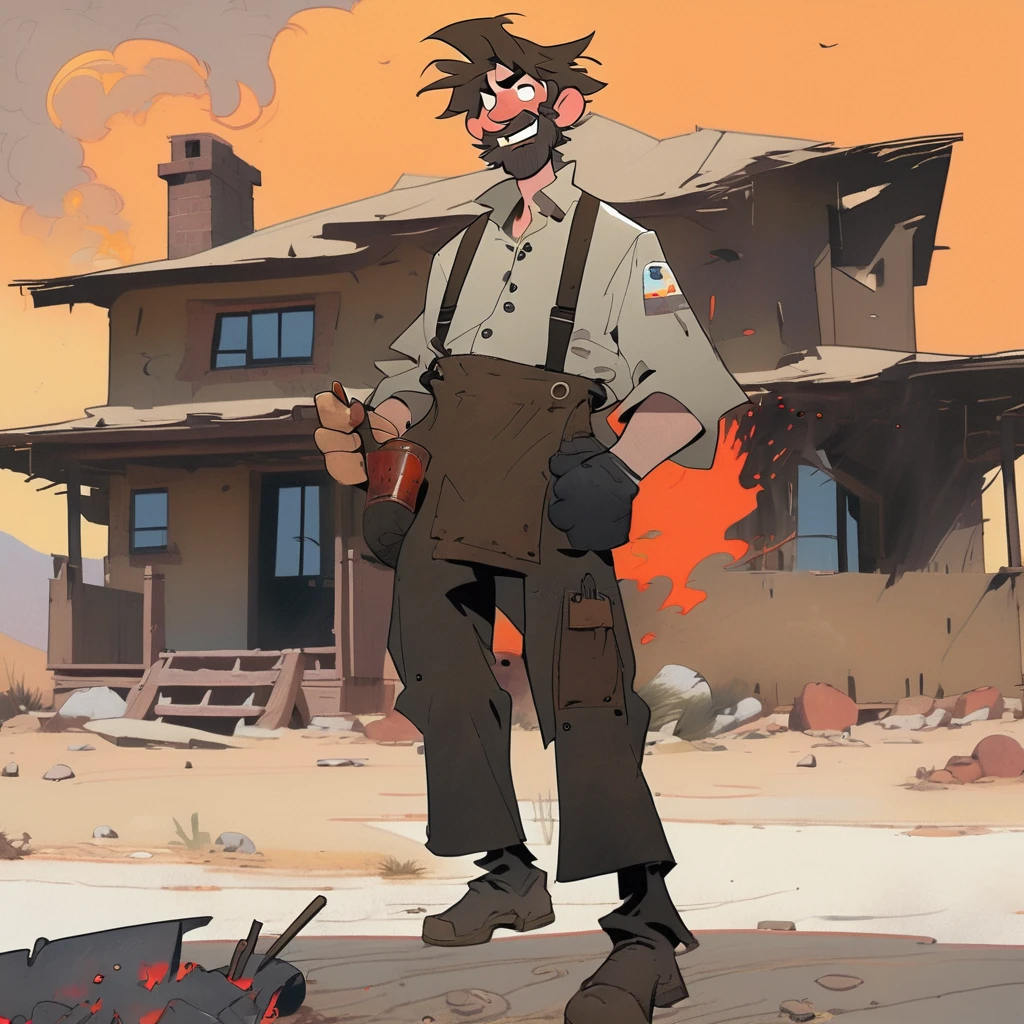 1man, Western, black wavy Messy hair, burnt hair, Leather apron, White button-down shirt, black pants patched, Failed beard, young adult, Thin, full body, Holding a Dynamite bomb, outside a house in the desert, Dirty with soot, Laughing, explosives, dynamite, Hunchback, Poorly groomed beard, failed beard, Glove, ashes, 