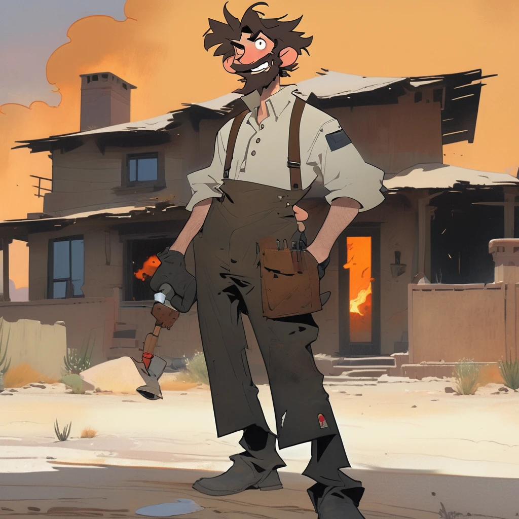 1man, Western, black wavy Messy hair, burnt hair, Leather apron, White button-down shirt, black pants patched, Failed beard, young adult, Thin, full body, Holding a Dynamite bomb, outside a house in the desert, Dirty with soot, Laughing, explosives, dynamite, Hunchback, Poorly groomed beard, failed beard, Glove, ashes,